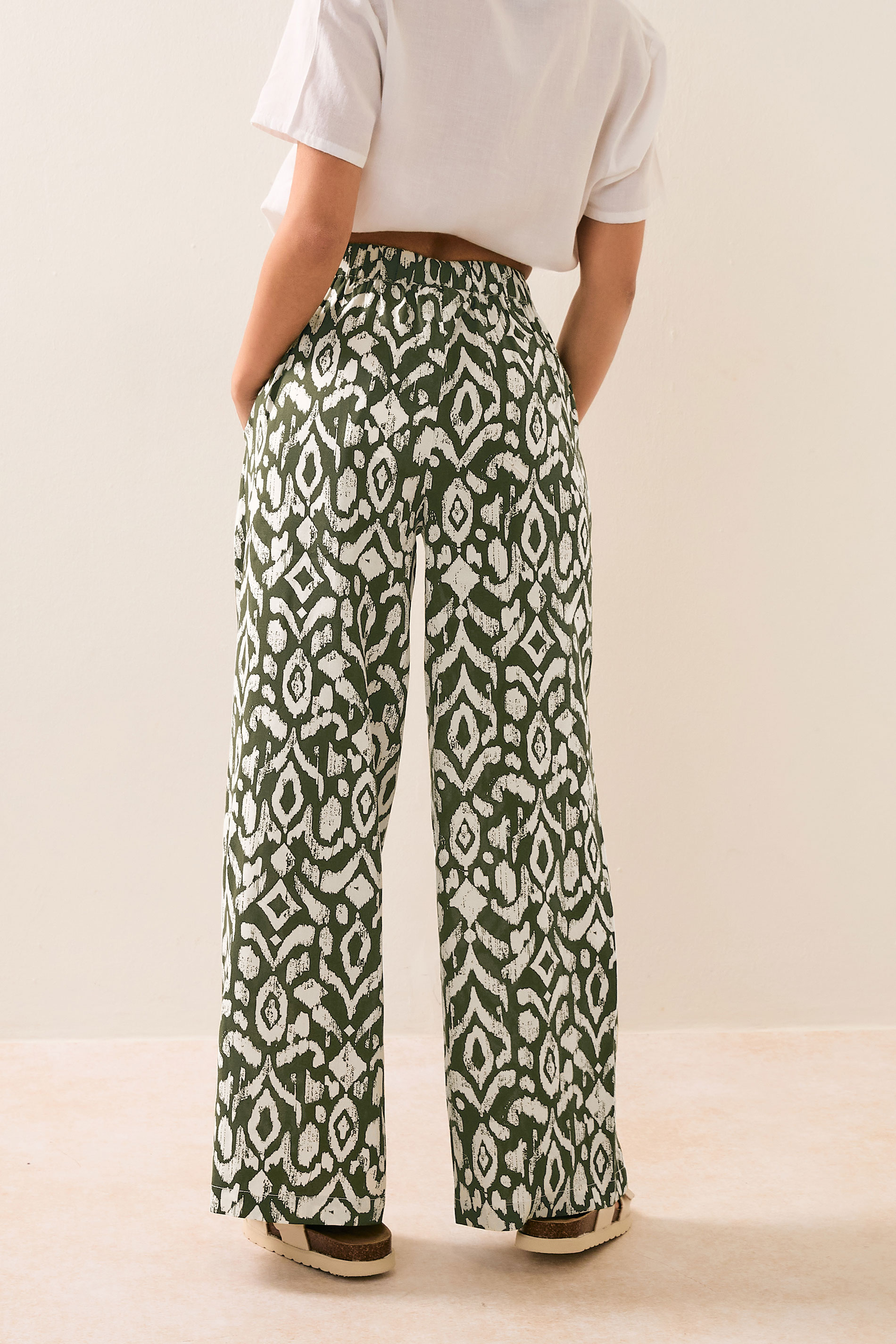 PixieGirl Petite Women's Khaki Green Abstract Print Wide Leg Trousers | PixieGirl 3