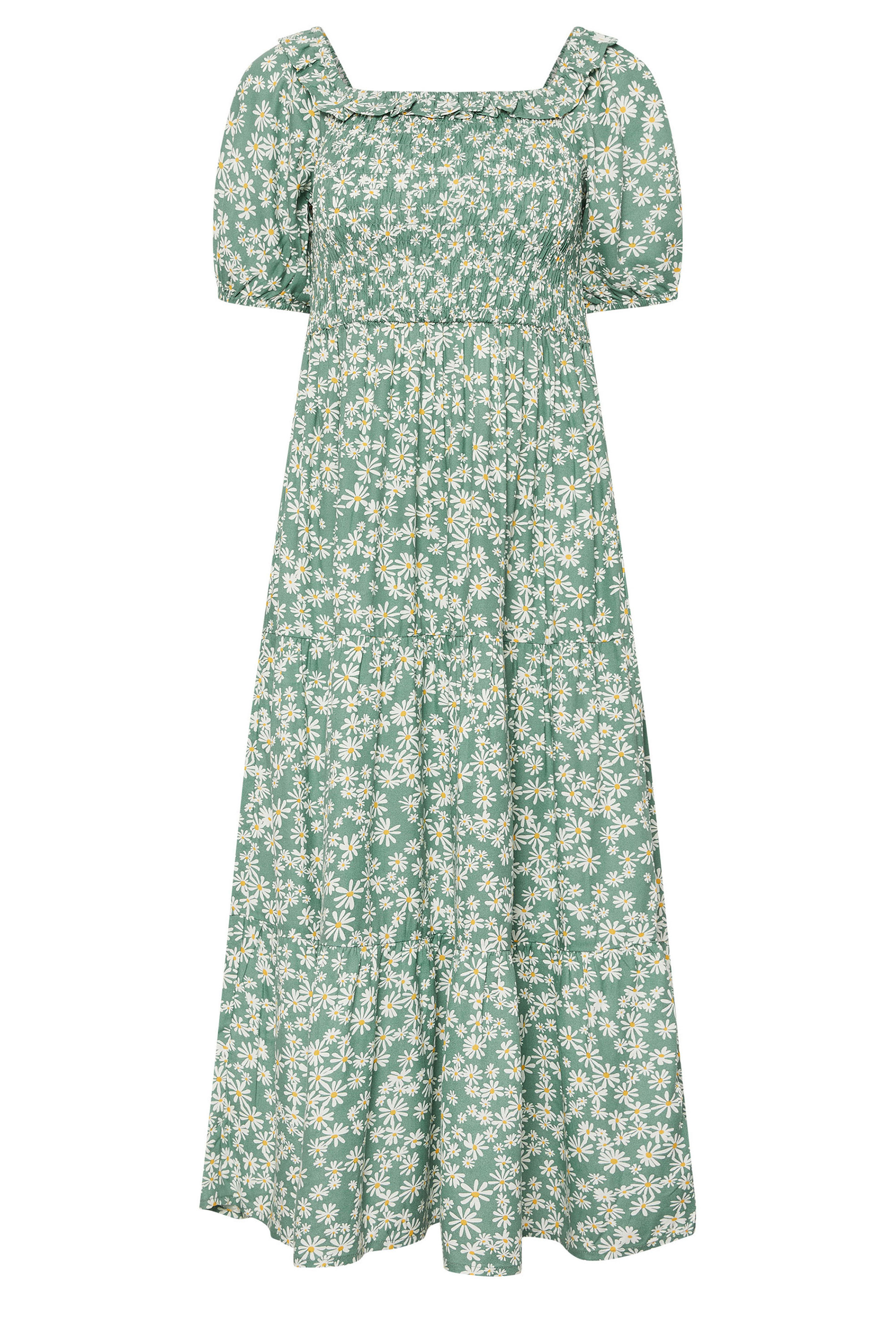 PixieGirl Petite Women's Green Daisy Tiered Bardot Dress | PixieGirl 5