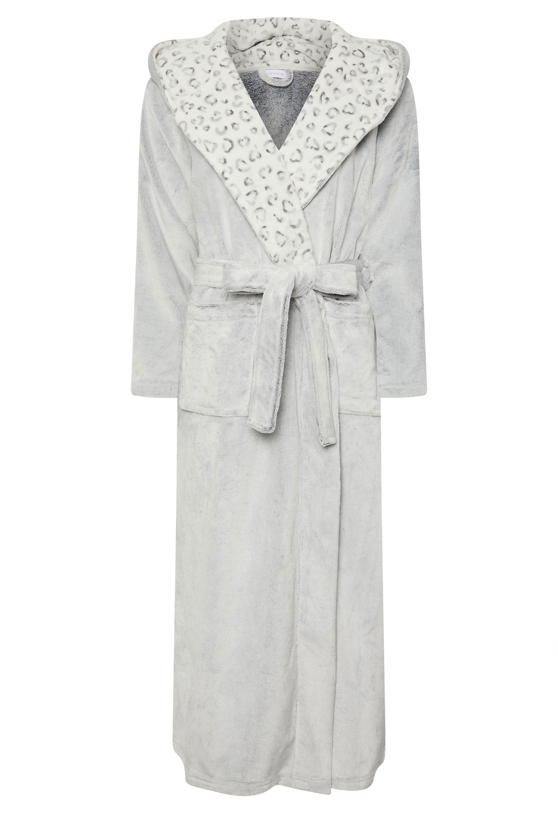 PixieGirl Petite Women's Grey Animal Print Hooded Dressing Gown | PixieGirl 7
