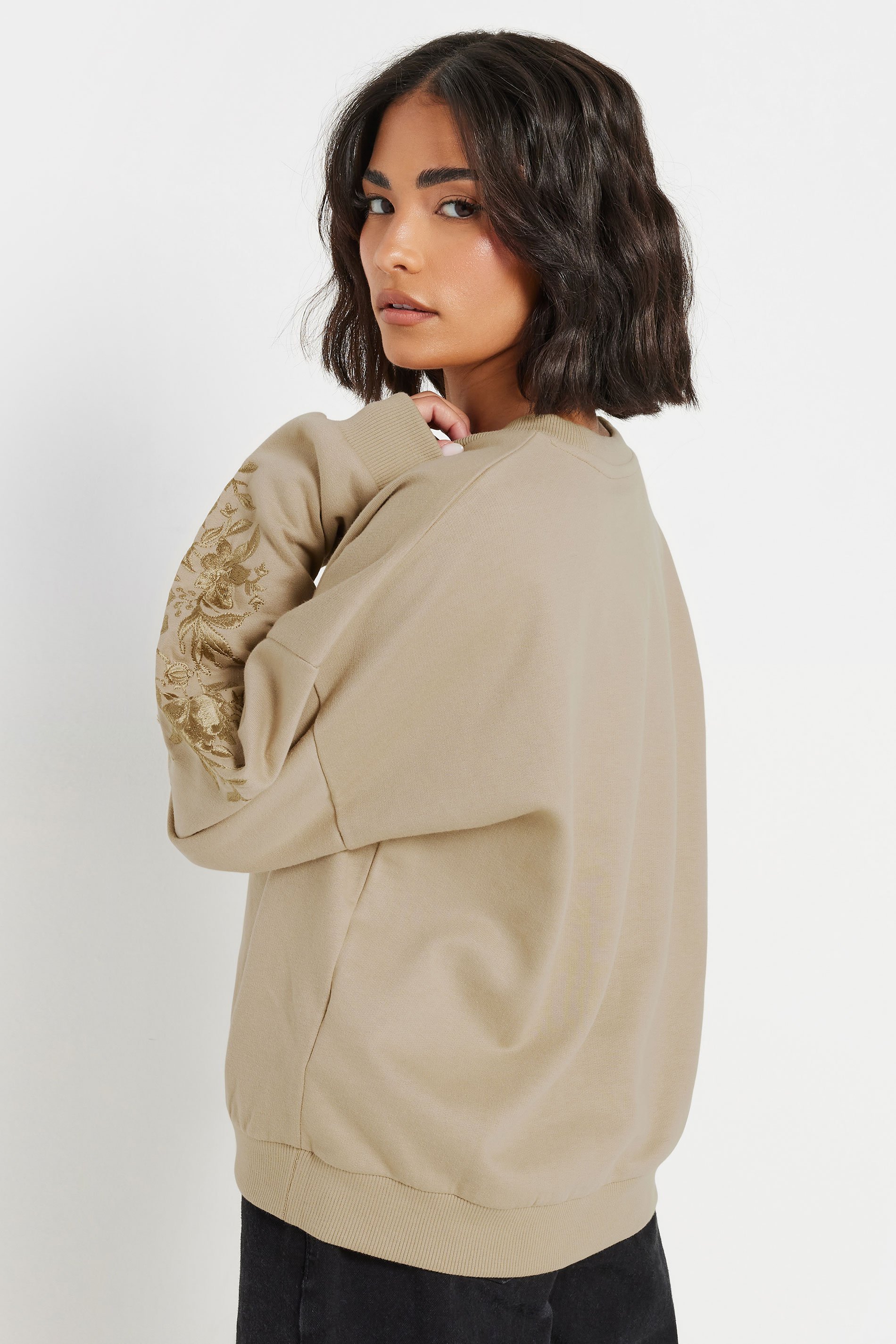 PixieGirl Petite Women's Natural Brown Floral Embroidered Sweatshirt | PixieGirl 4