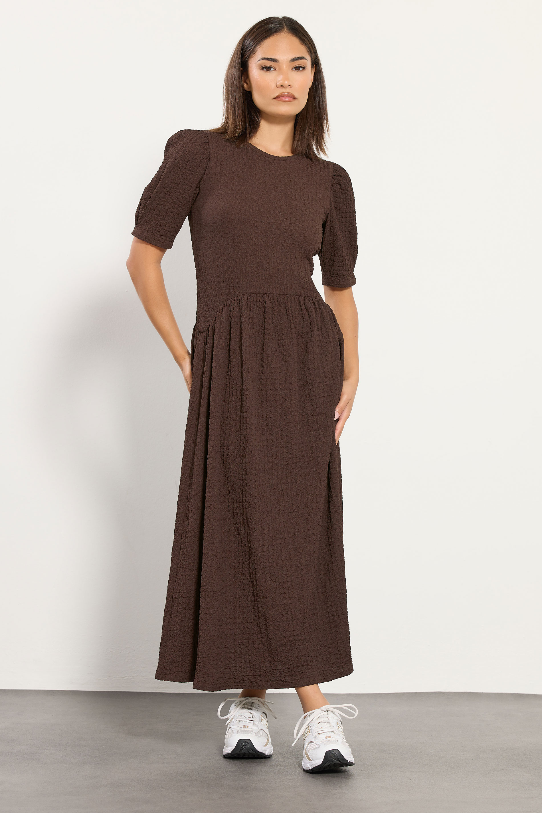PixieGirl Petite Womens Chocolate Brown Textured Midi Dress | PixieGirl 2