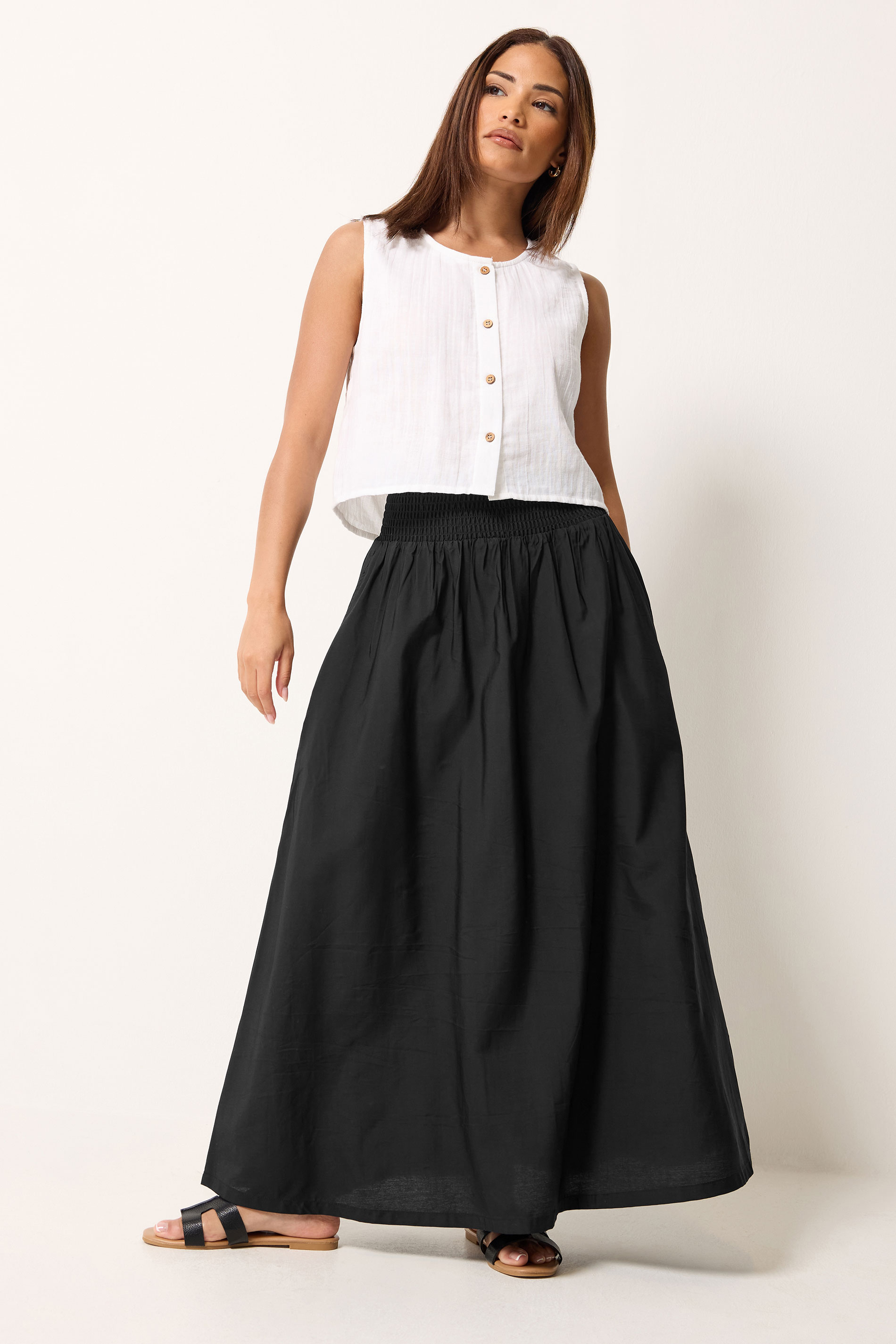 PixieGirl Petite Women's Black Shirred Waist Midi Skirt | PixieGirl