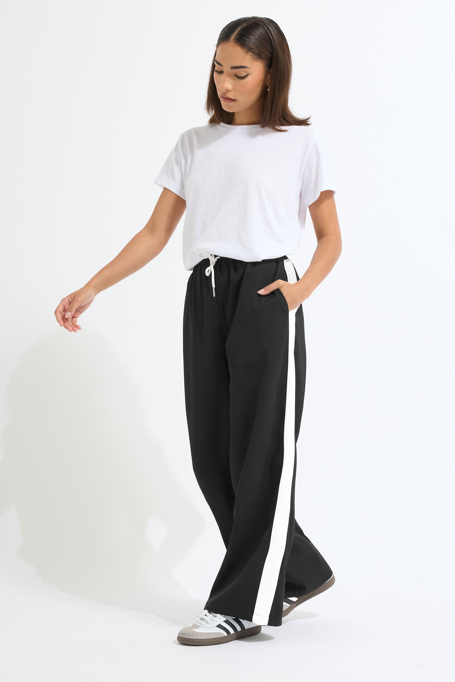 PixieGirl Petite Women's Black Striped Wide Leg Trousers | PixieGirl 1