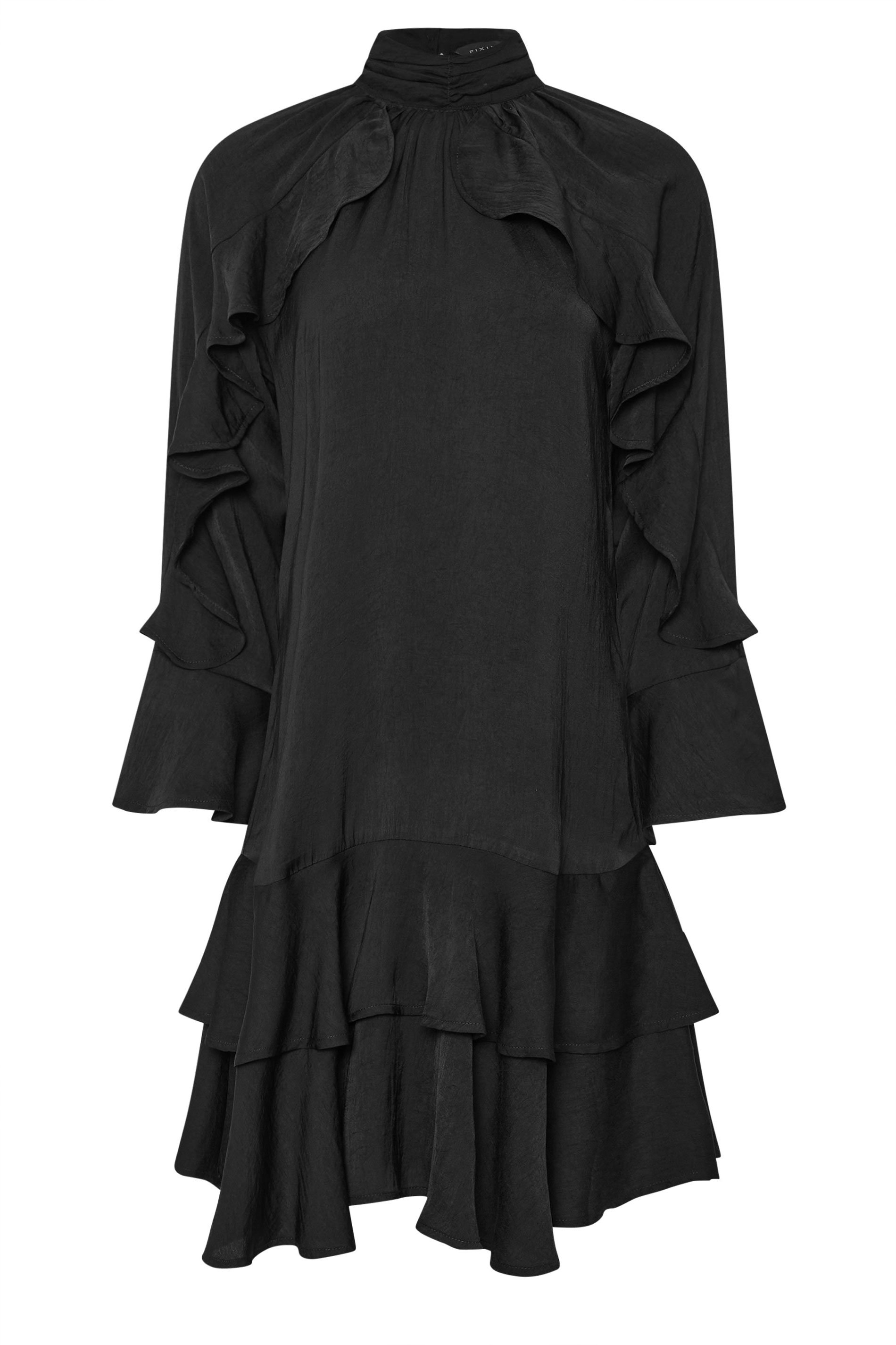PixieGirl Petite Women's Black Hammered Satin Frill Smock Dress | PixieGirl 7