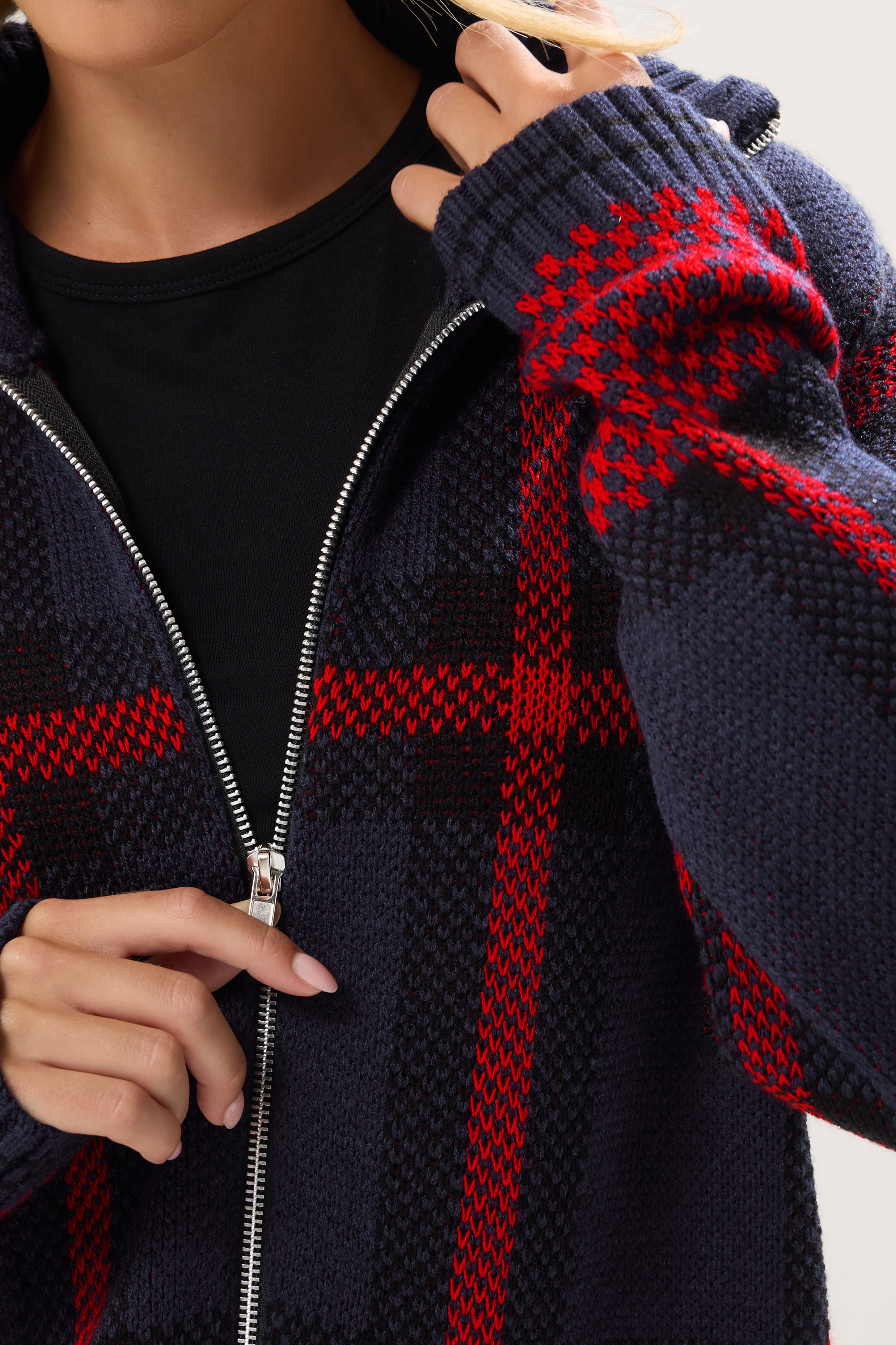 PixieGirl Petite Women's Blue & Red Knitted Check Zip Cardigan | PixieGirl 4