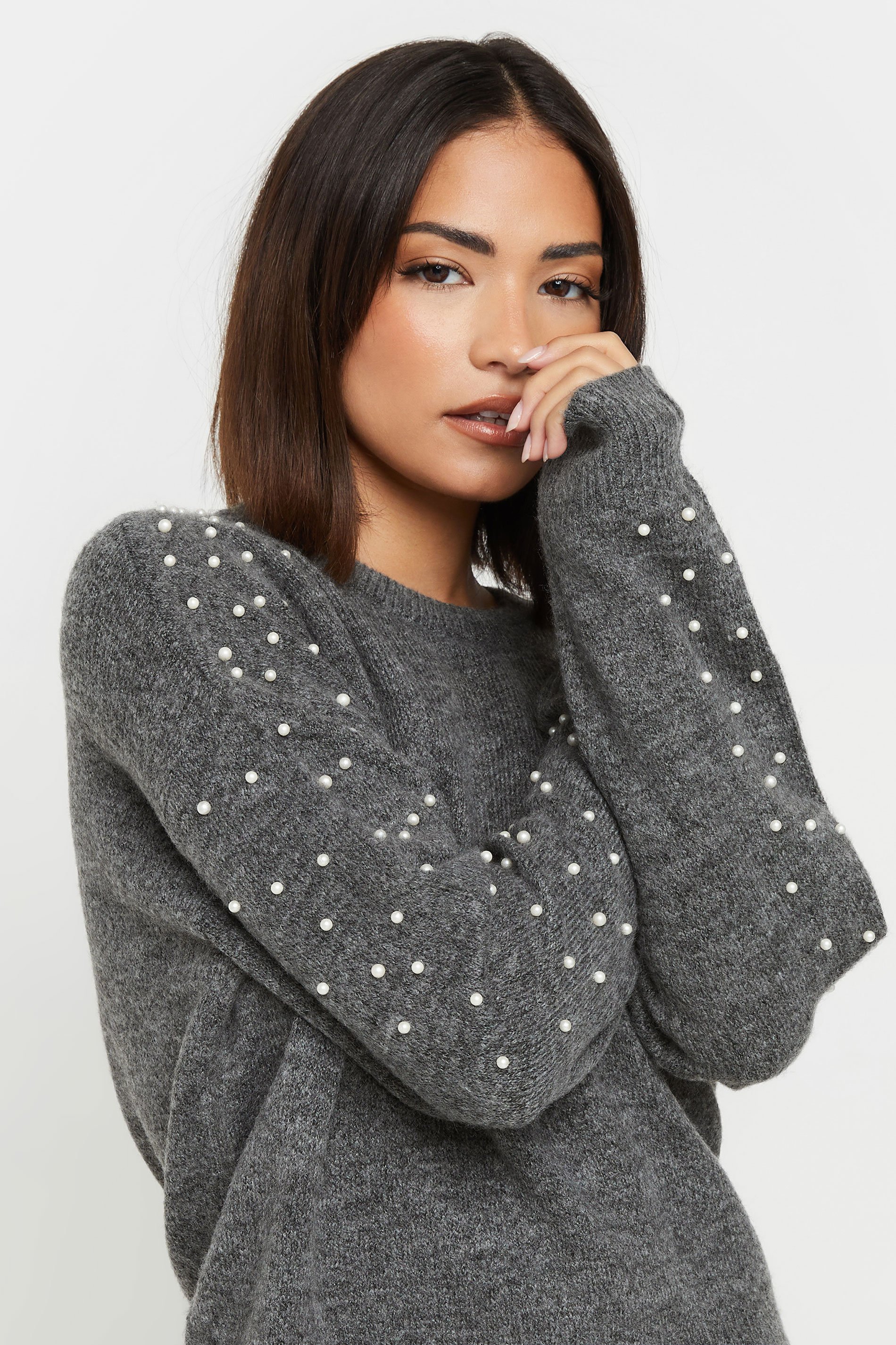 PixieGirl Petite Women's Grey Knitted Pearl Embellished Jumper | PixieGirl 3