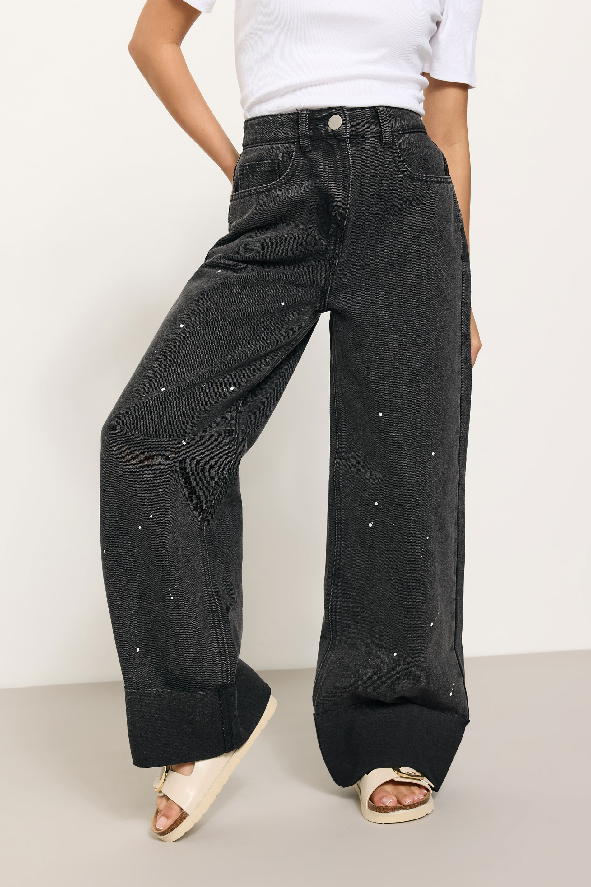 PixieGirl Petite Women's Black Paint Splatter Non-Stretch Wide Leg Jeans | PixieGirl 2