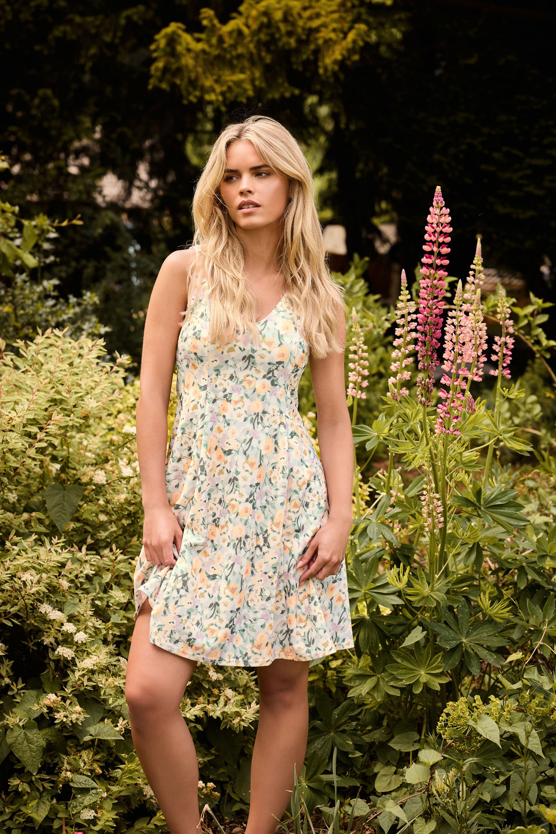 PixieGirl Petite Women's Sage Green Floral Full Mini Dress | PixieGirl 1