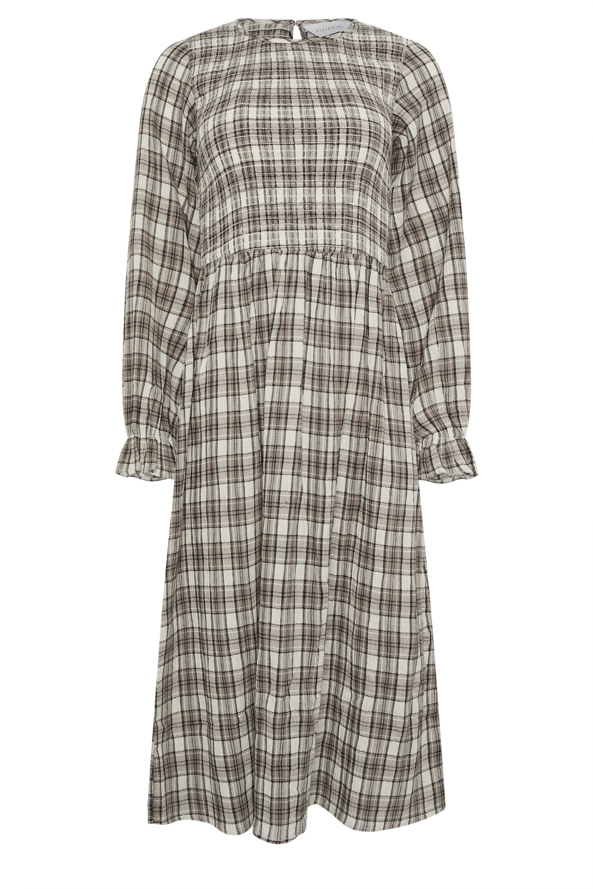 PixieGirl Petite Women's Brown Check Shirred Long Sleeve Midi Dress | PixieGirl 6