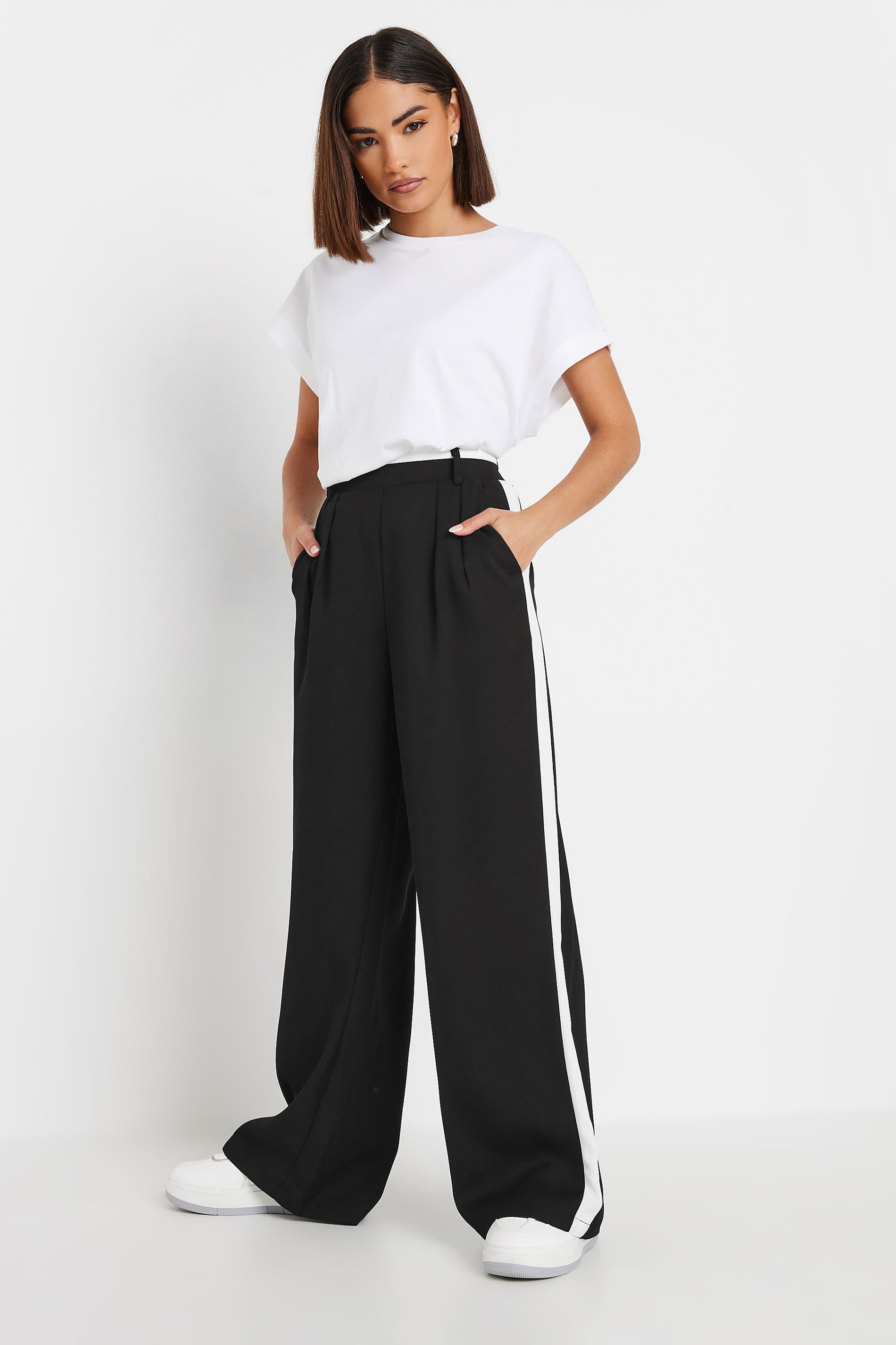 PixieGirl Petite Women's Black Side Stripe Contrast Waist Wide Leg Trousers | PixieGirl 1