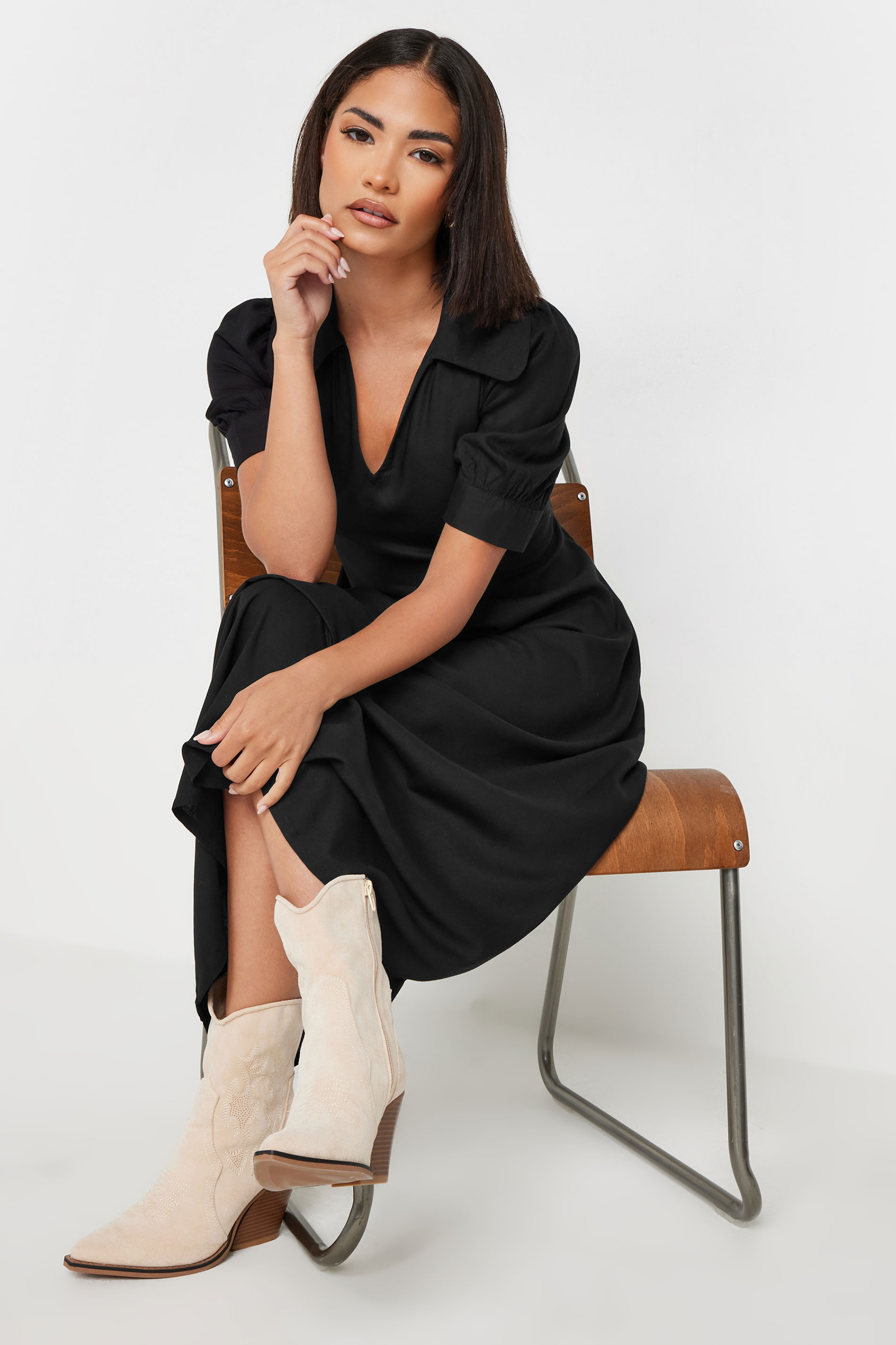 PixieGirl Petite Women's Black Open Collar Short Sleeve Dress | PixieGirl 2
