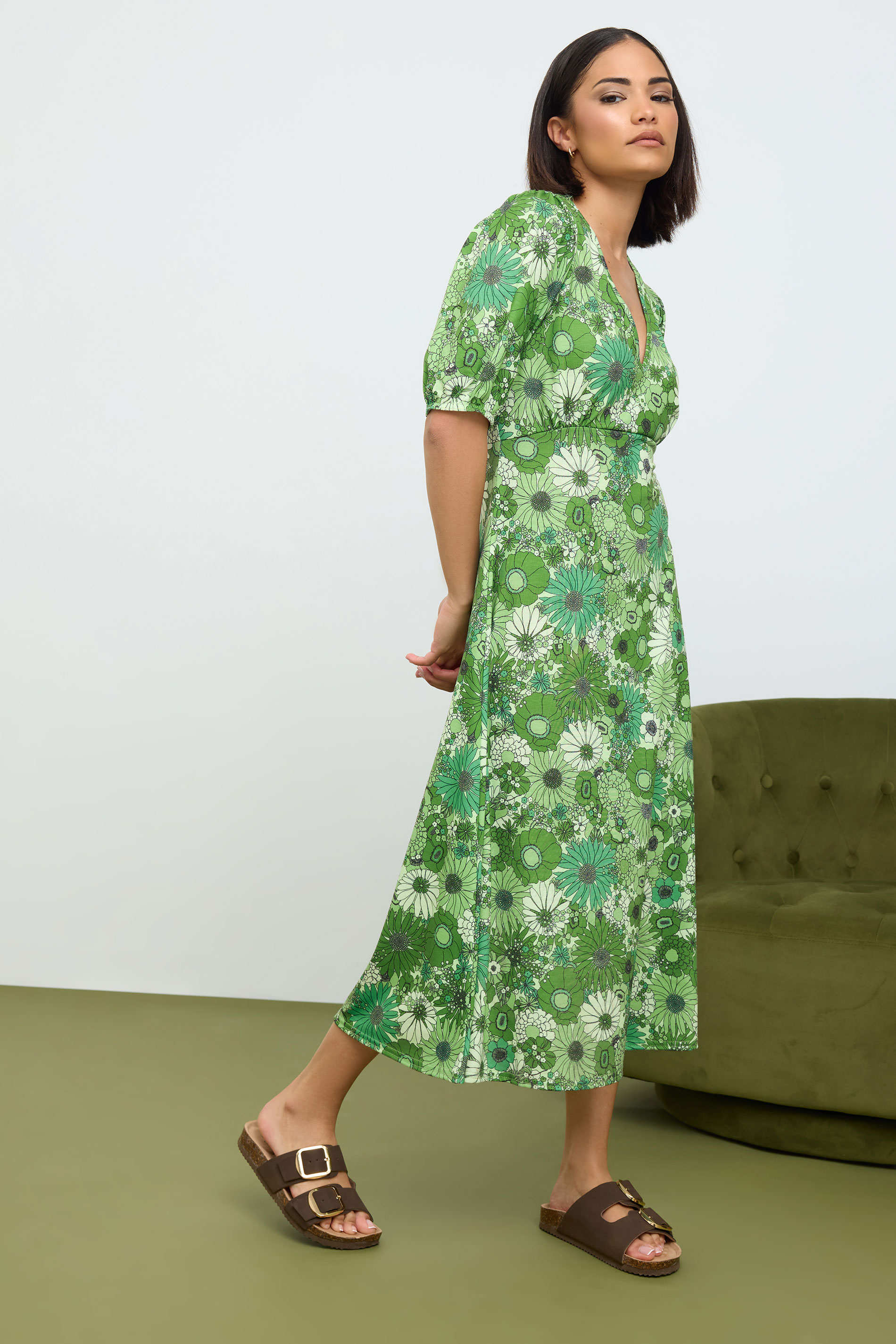 PixieGirl Petite Women's Green Floral Print Midi Tea Dress | PixieGirl 2