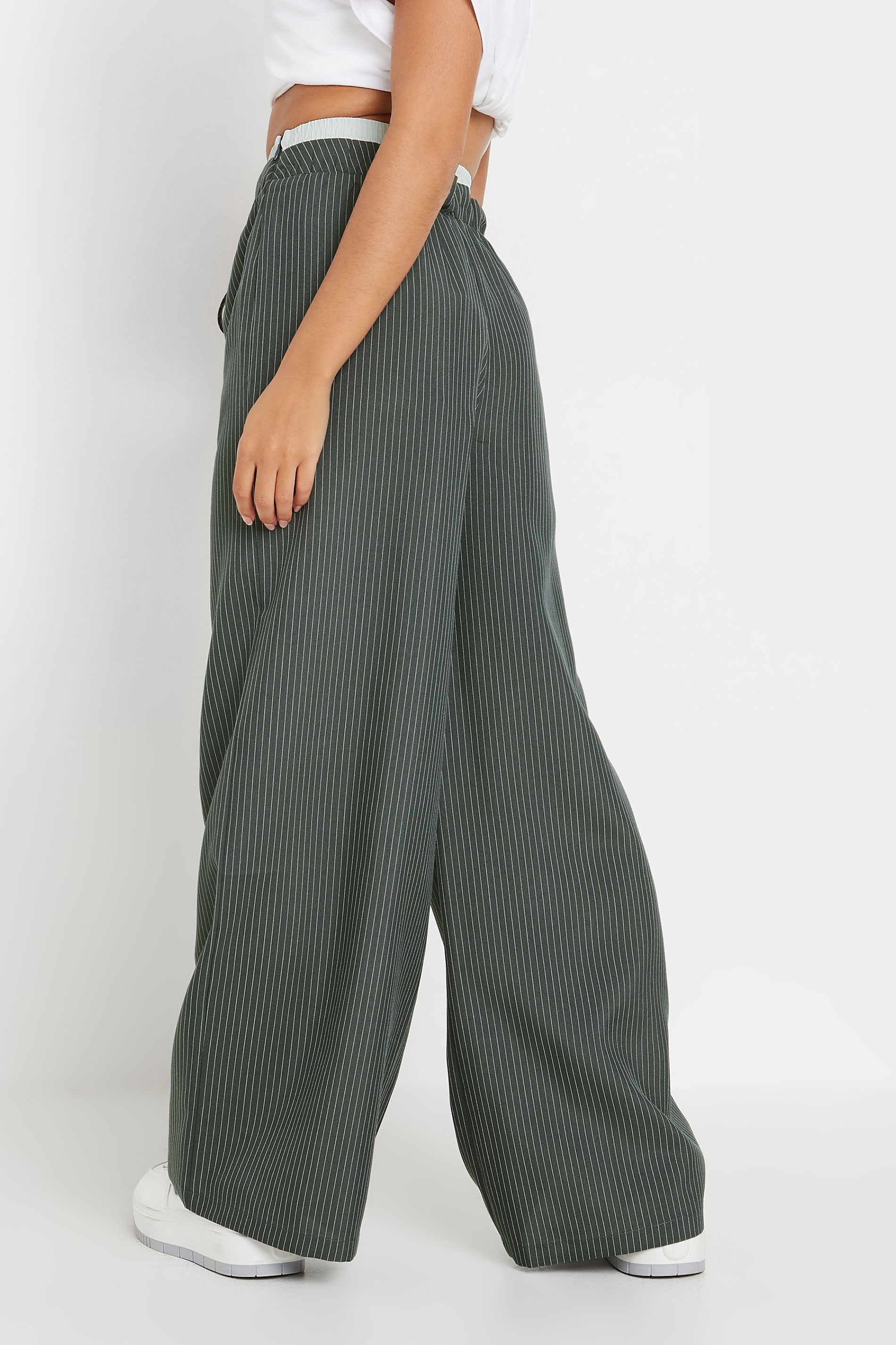 PixieGirl Petite Women's Grey Pinstripe Contrast Waist Trousers | PixieGirl 3