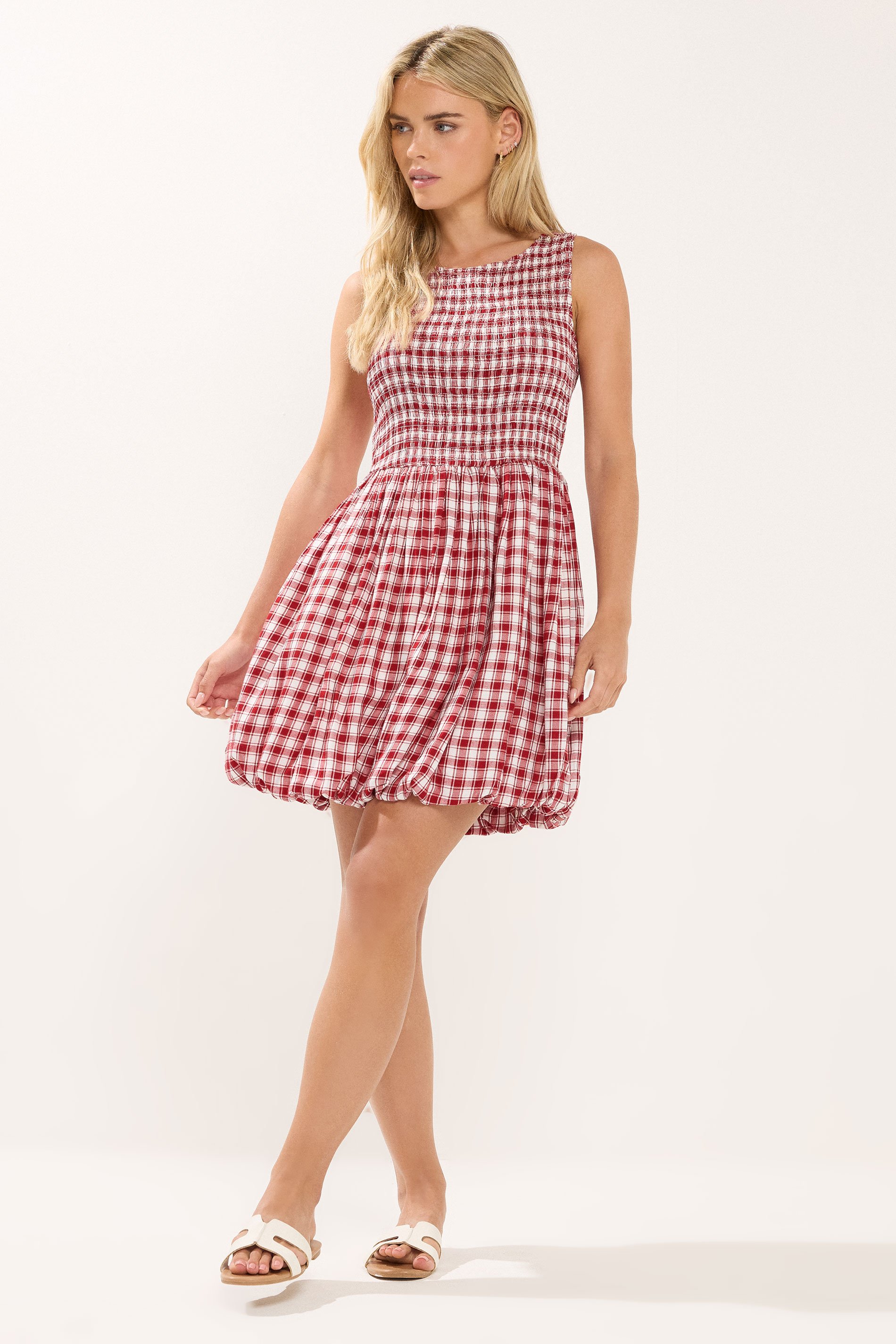 PixieGirl Petite Women's Red Gingham Shirred Bubble Hem Mini Dress | PixieGirl 4