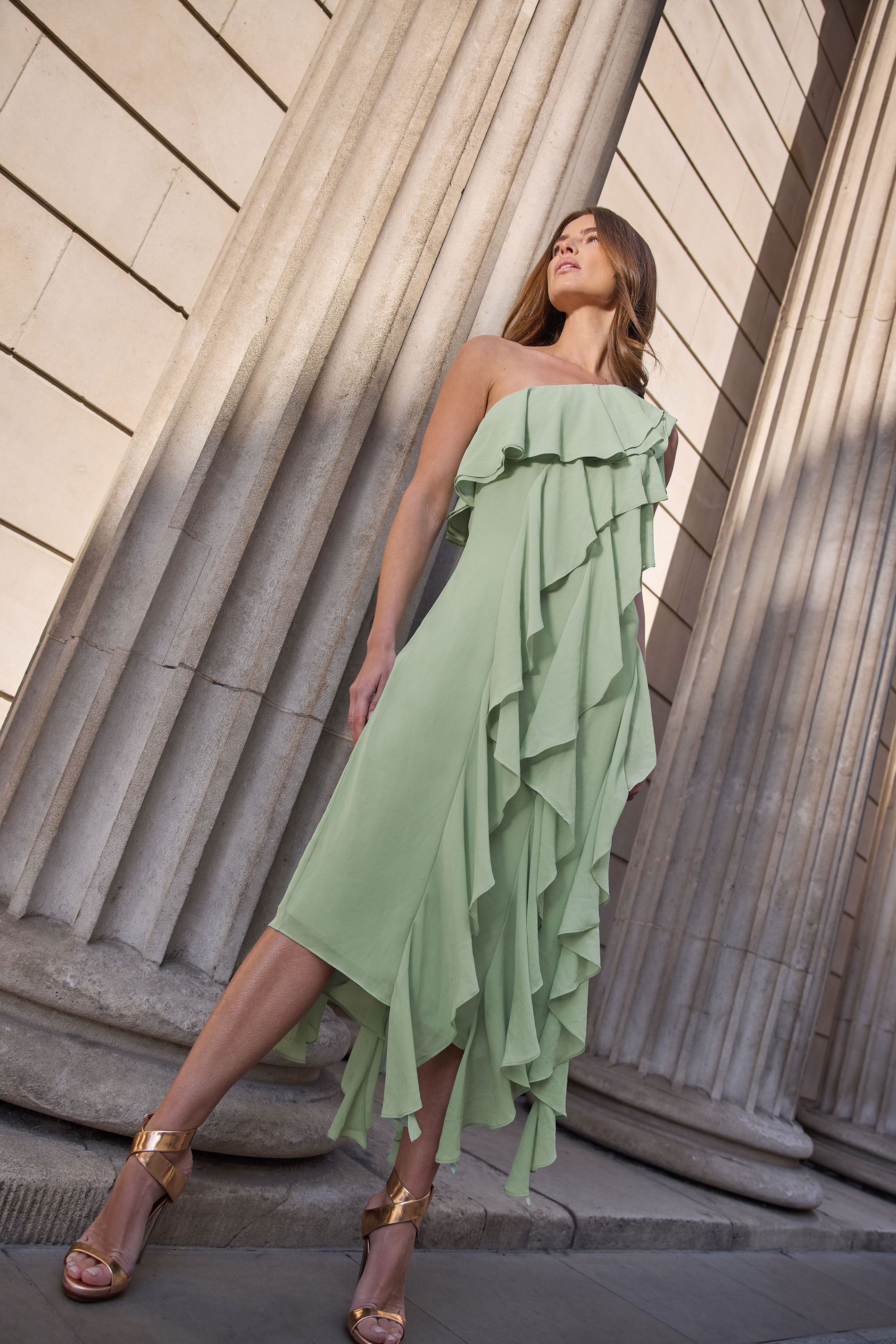 STAR Sage Green One Shoulder Ruffle Tiered Dress | StarByJM 1