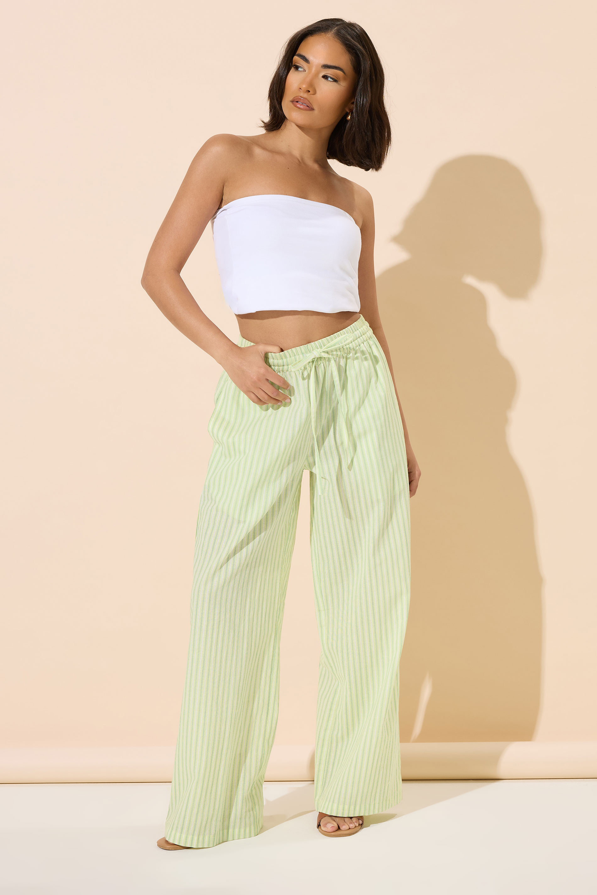 PixieGirl Petite Women's Lime Green Stripe Wide Leg Trousers | PixieGirl 1