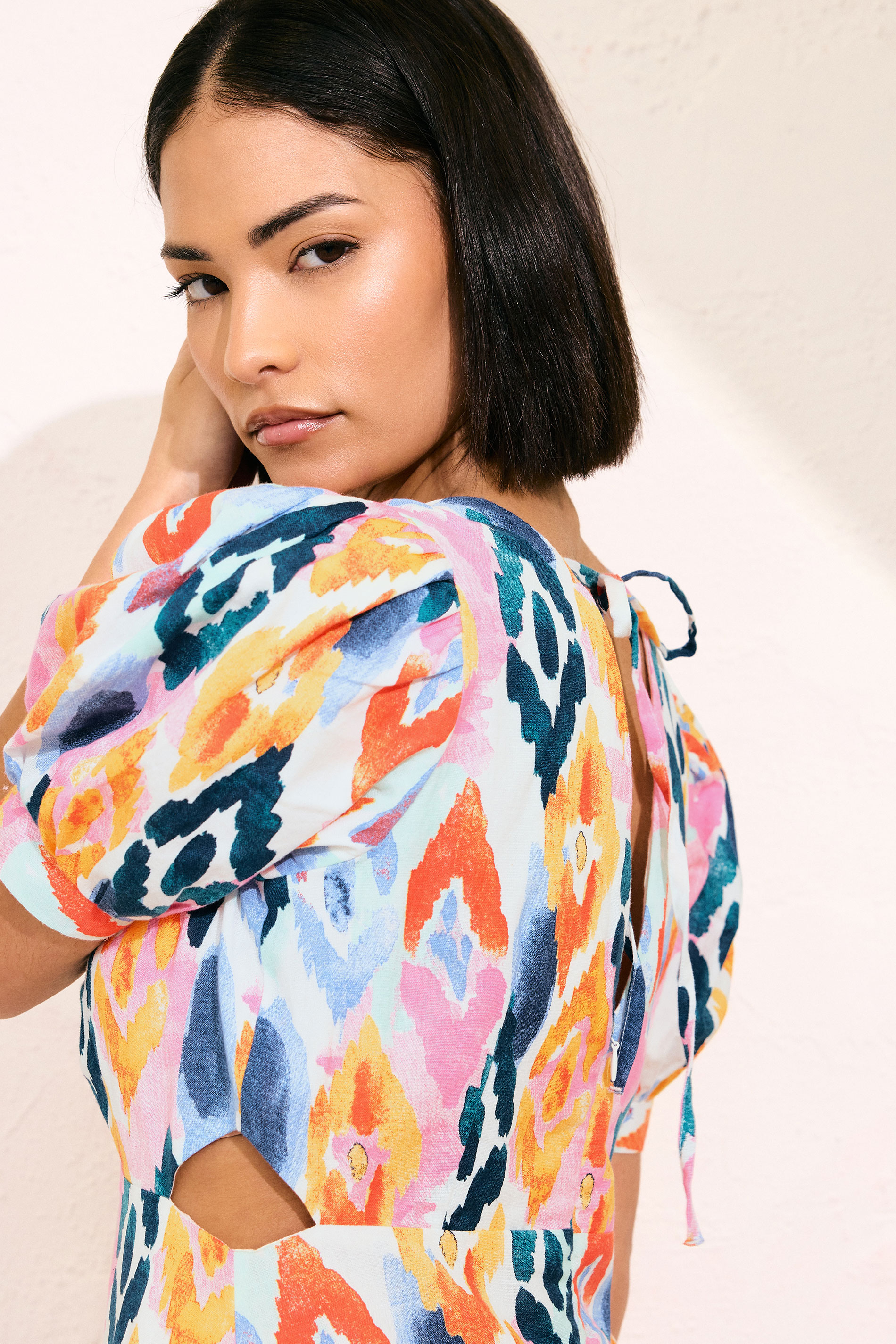 PixieGirl Petite Women's Pink Linen Abstract Puff Sleeve Midaxi Dress | PixieGirl 4