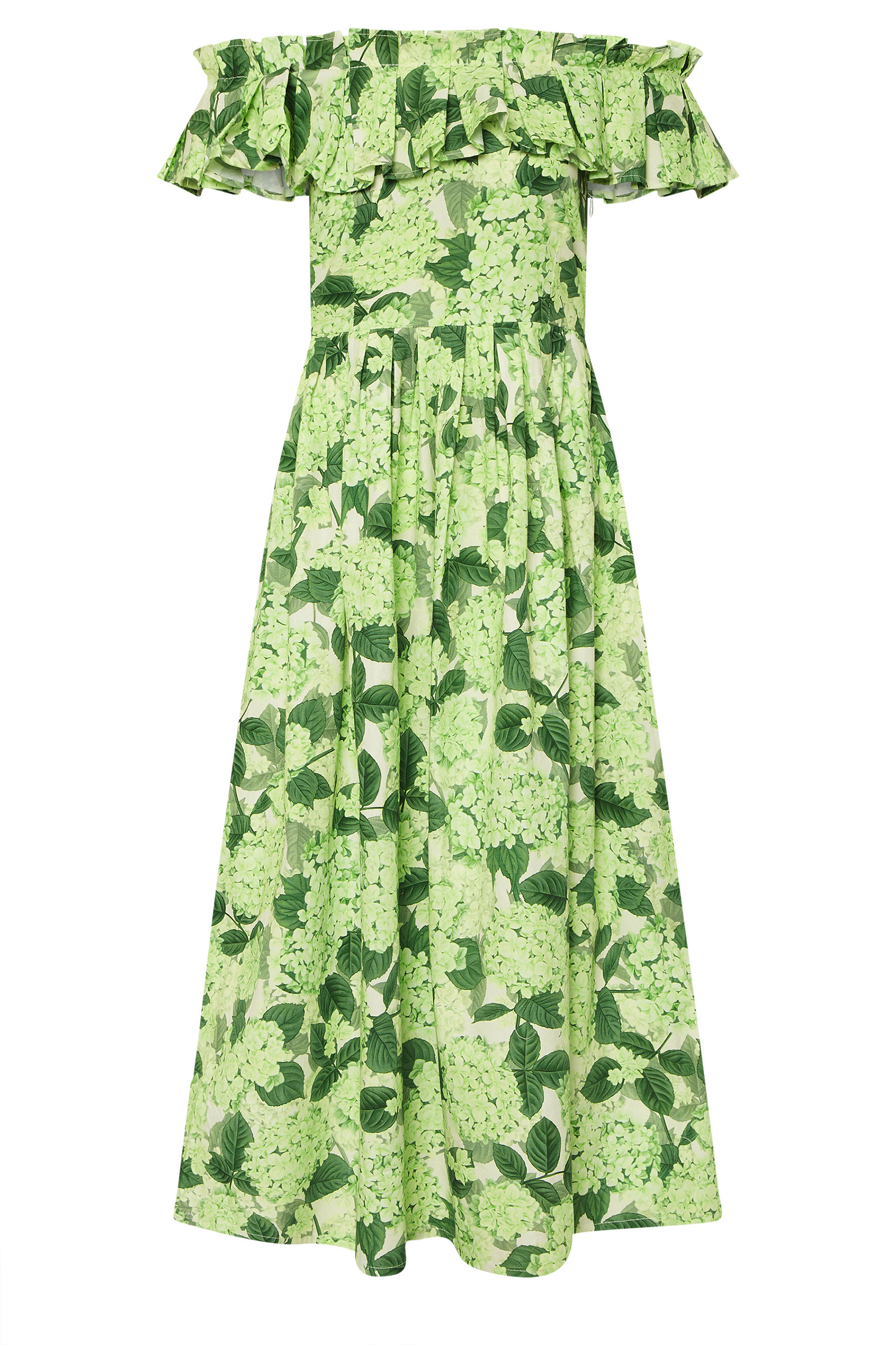 PixieGirl Petite Women's Green Floral Ruffle Bardot Midi Dress | PixieGirl 6