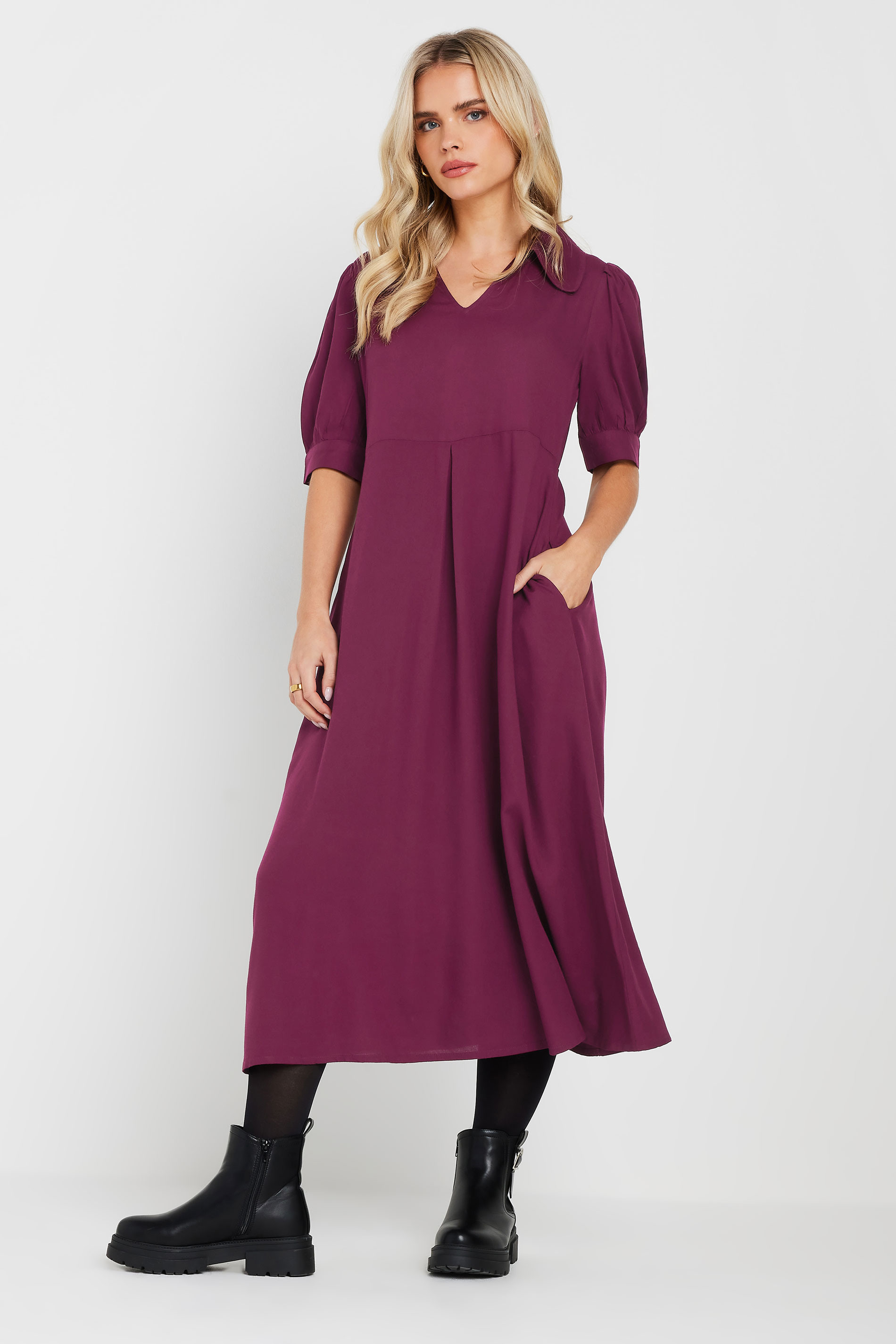 PixieGirl Petite Women's Burgundy Red Open Collar Short Sleeve Dress | PixieGirl 2