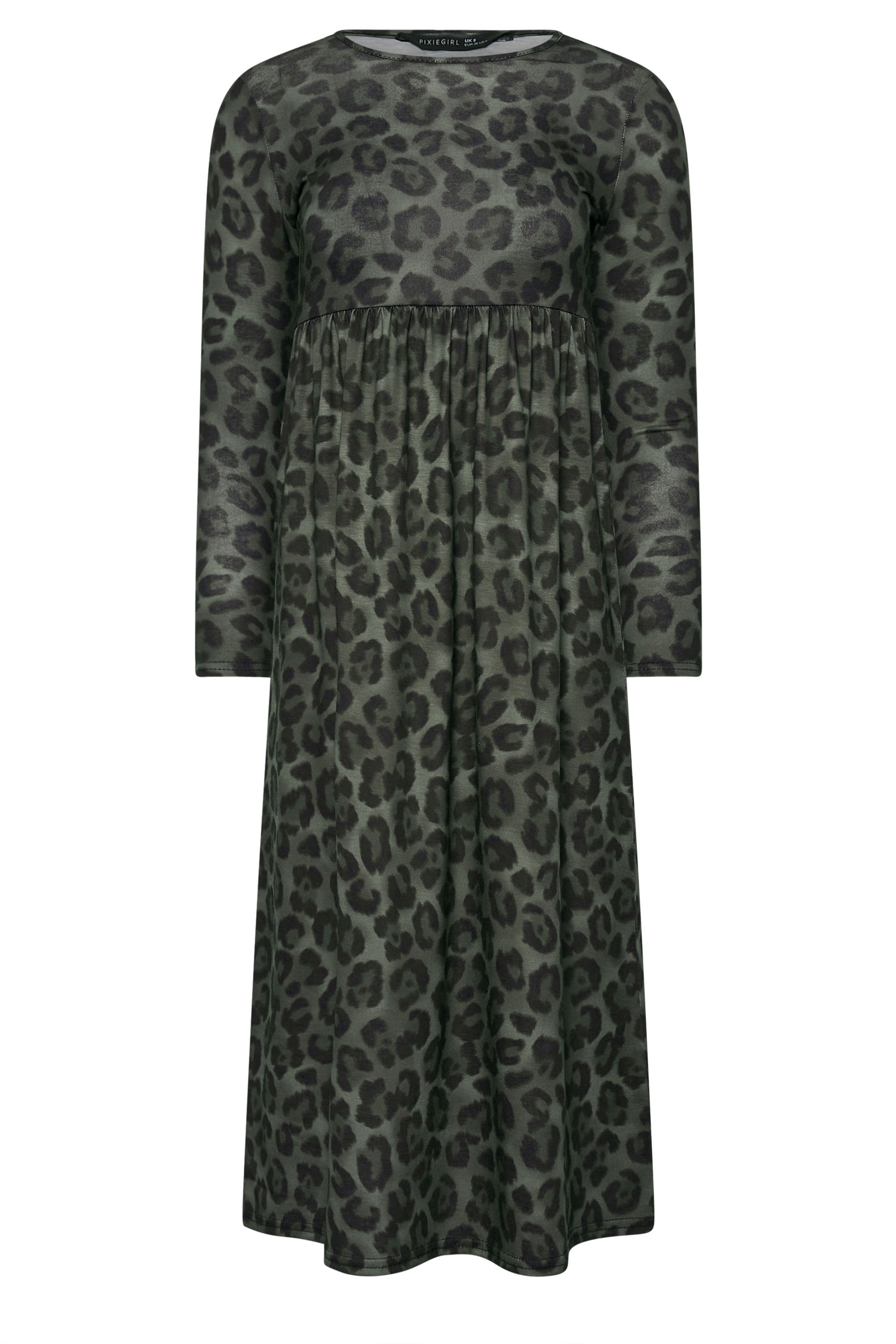 PixieGirl Petite Women's Khaki Green Leopard Print Smock Dress | PixieGirl 5