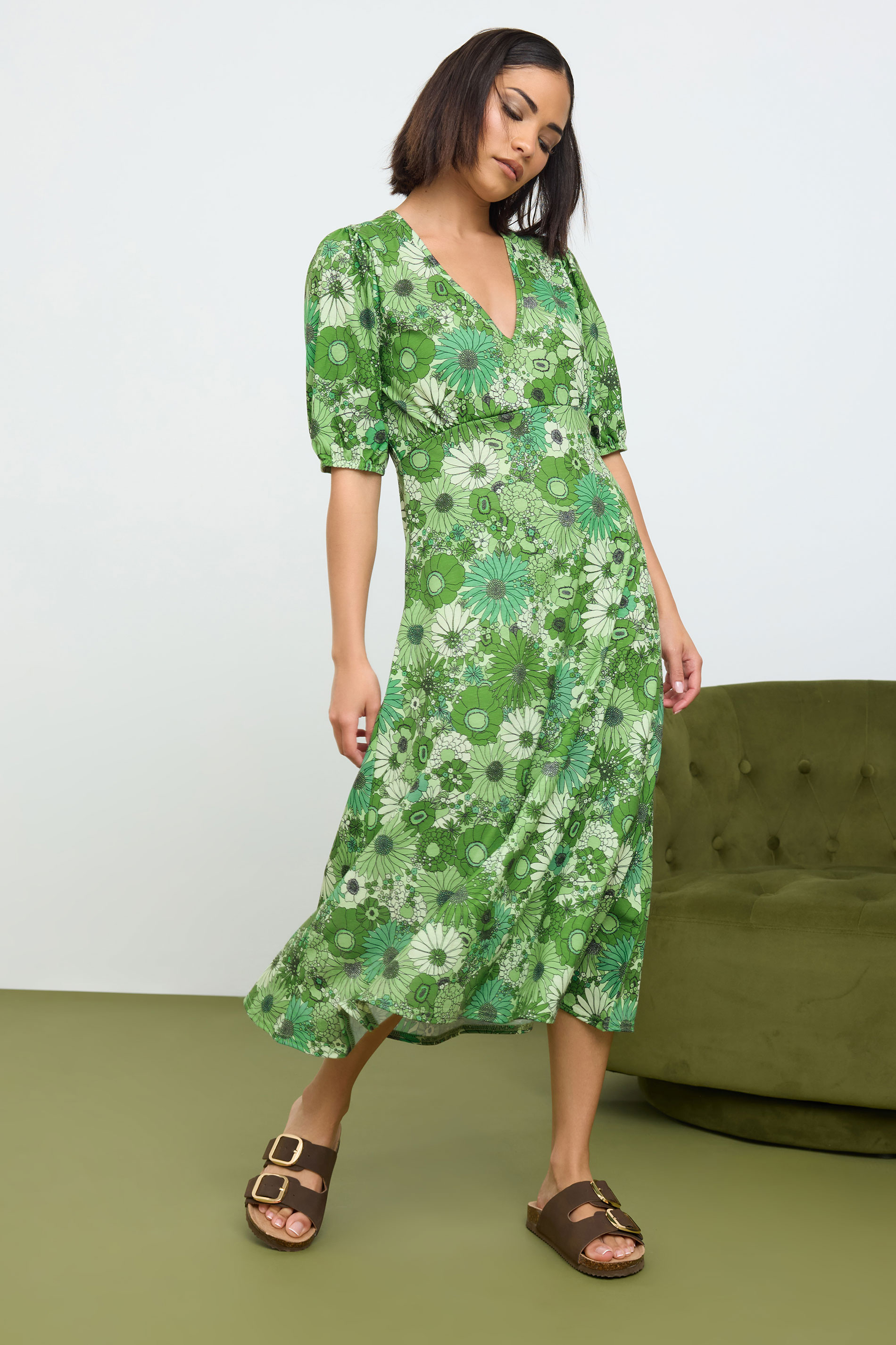 PixieGirl Petite Women's Green Floral Print Midi Tea Dress | PixieGirl 1