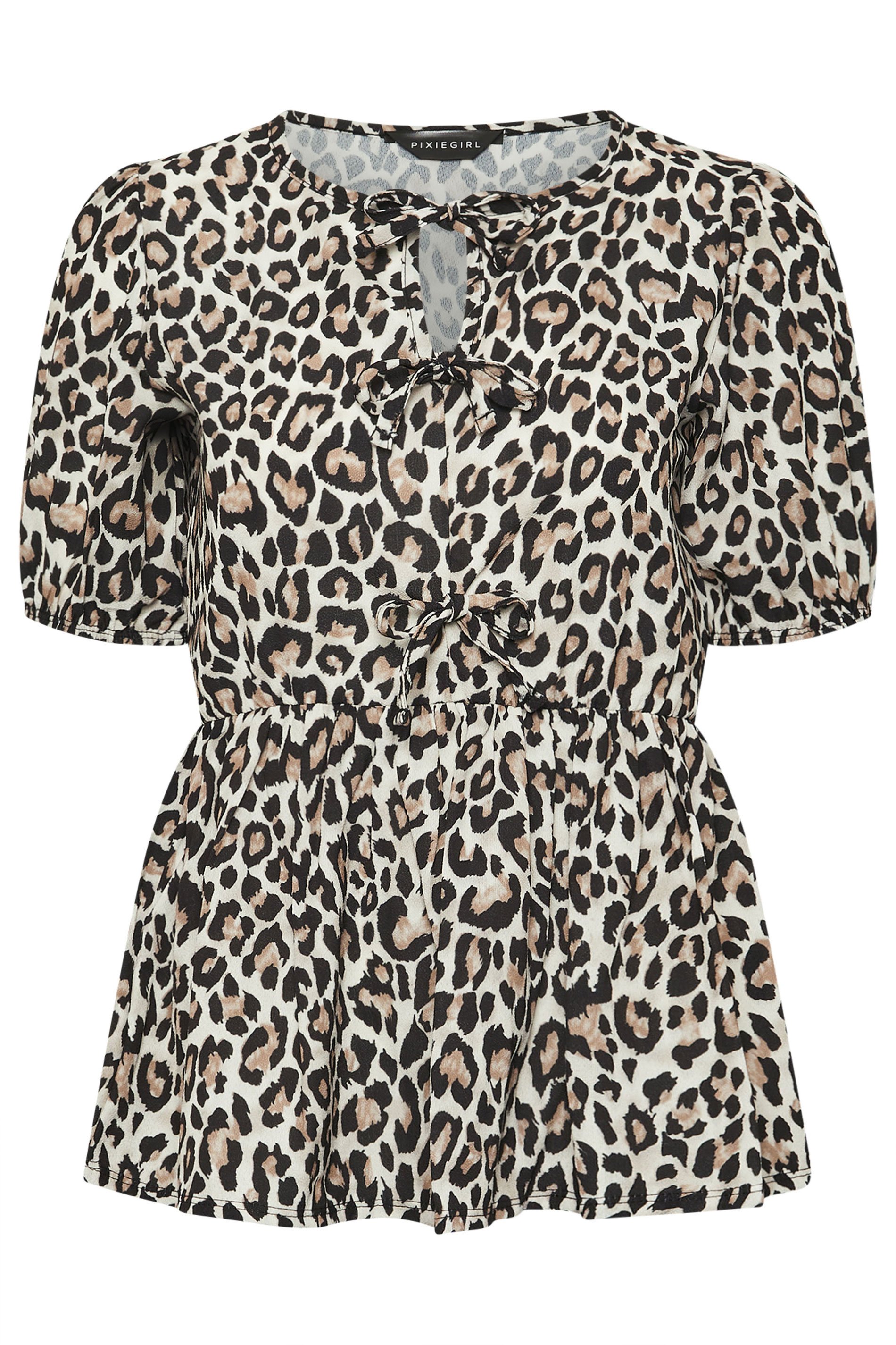 PixieGirl Petite Women's Black Leopard Print Tie Front Smock Top | PixieGirl 5