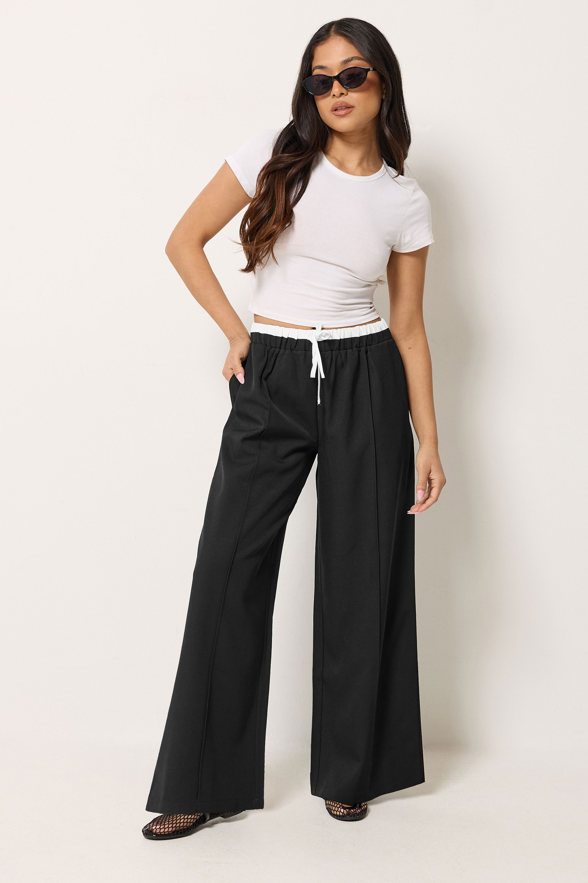 Pixiegirl Women's Black Petite Contrast Pintuck Wide Leg Trousers Size Petite > 8