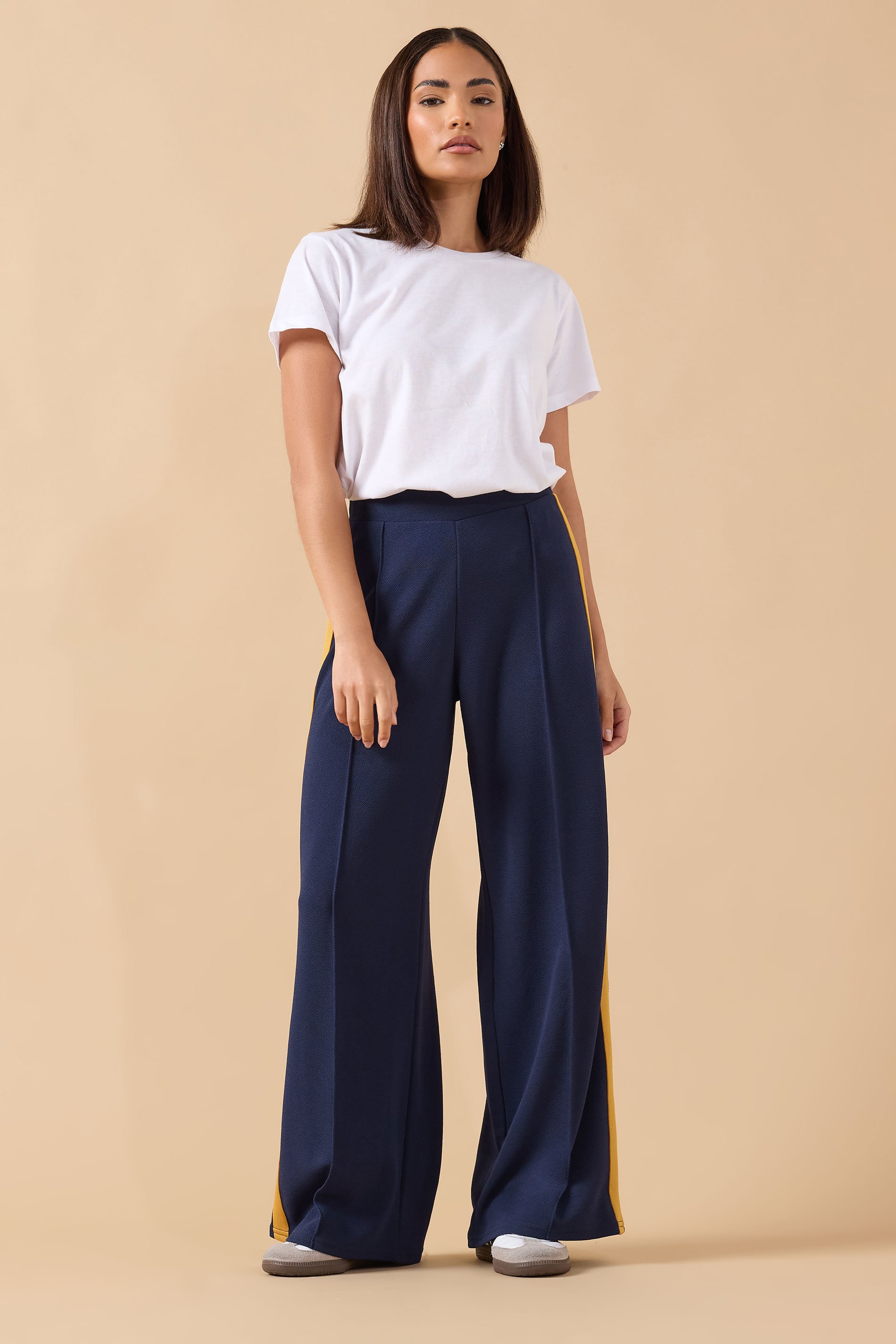 PixieGirl Petite Women's Navy Blue & Yellow Side Stripe Trousers | PixieGirl 1