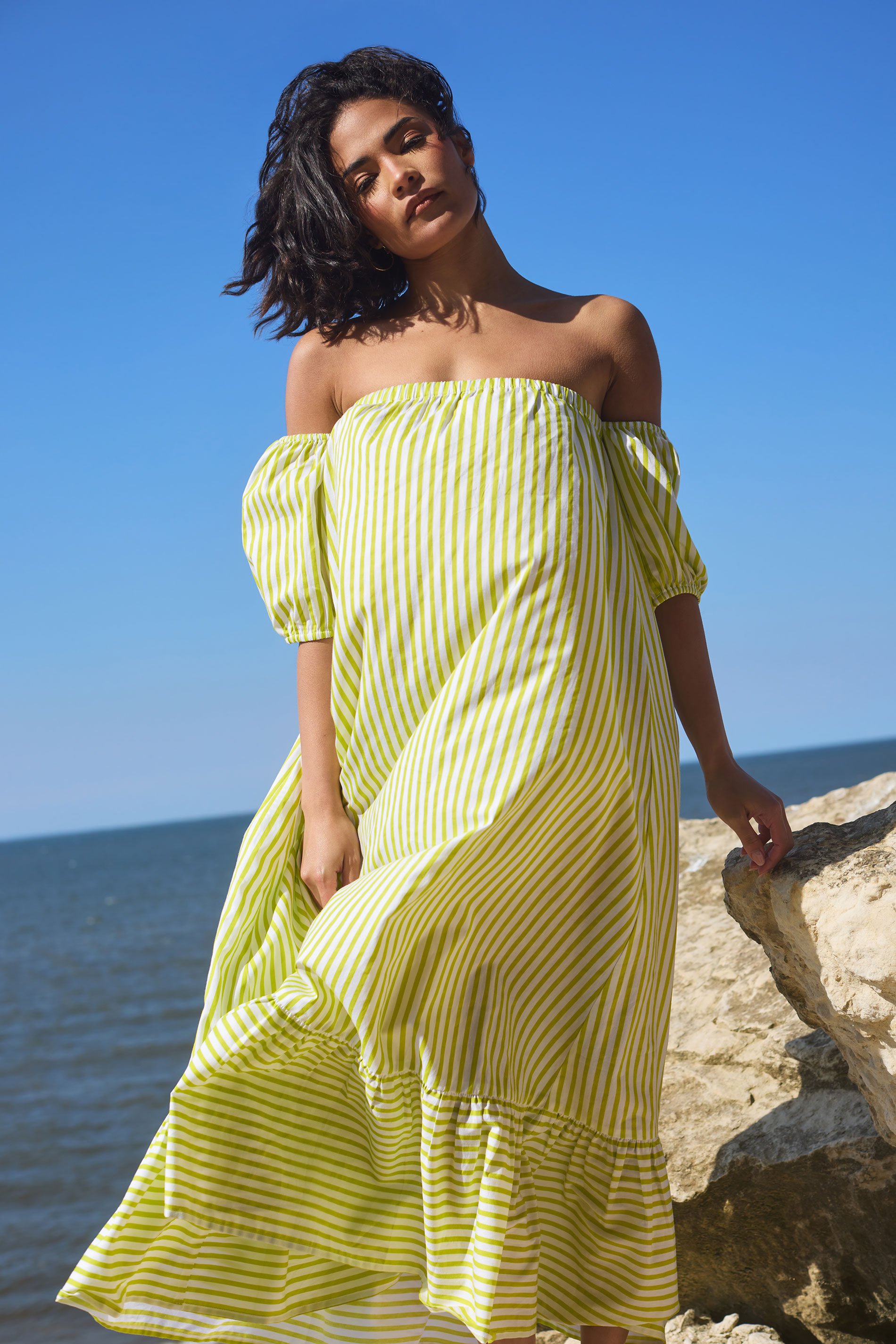 PixieGirl Petite Women's Lime Green Stripe Bardot Midaxi Dress | PixieGirl 1