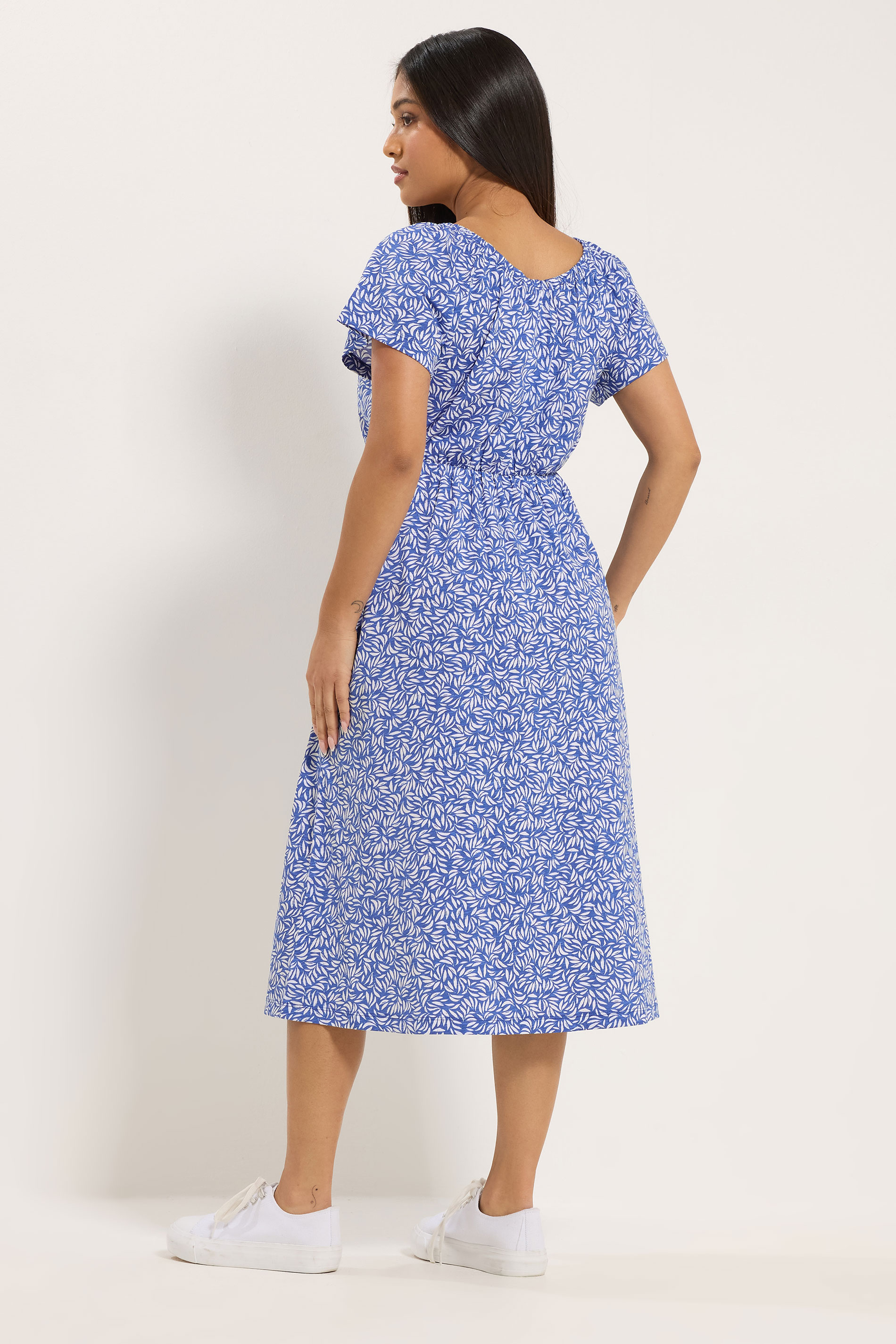 M&Co Petite Blue Leaf Print Tie Neck Cotton Midi Dress | M&Co 2