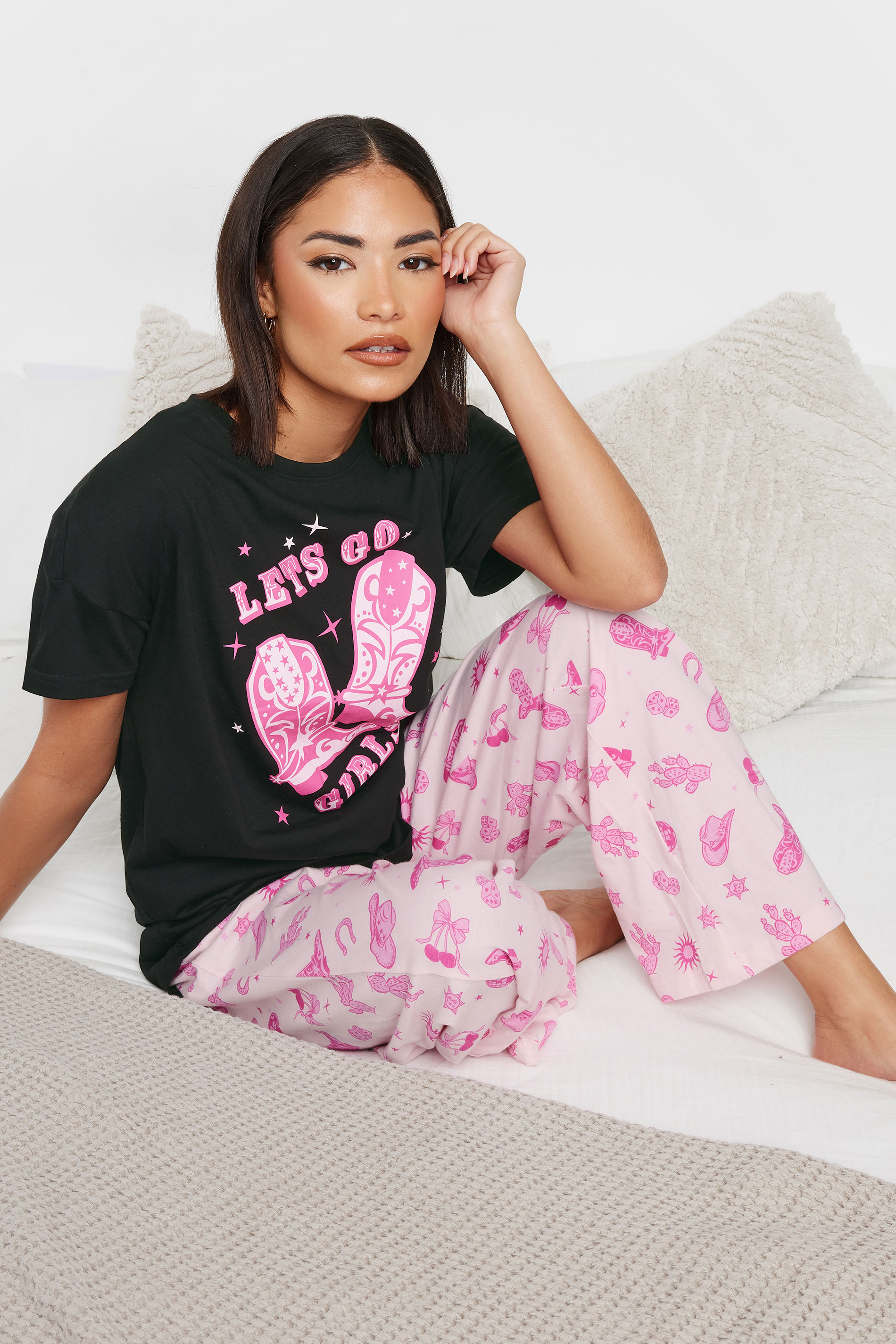 PixieGirl Petite Women's Hot Pink 'Let's Go Girls' Cowboy Slogan Pyjama Set | PixieGirl 2