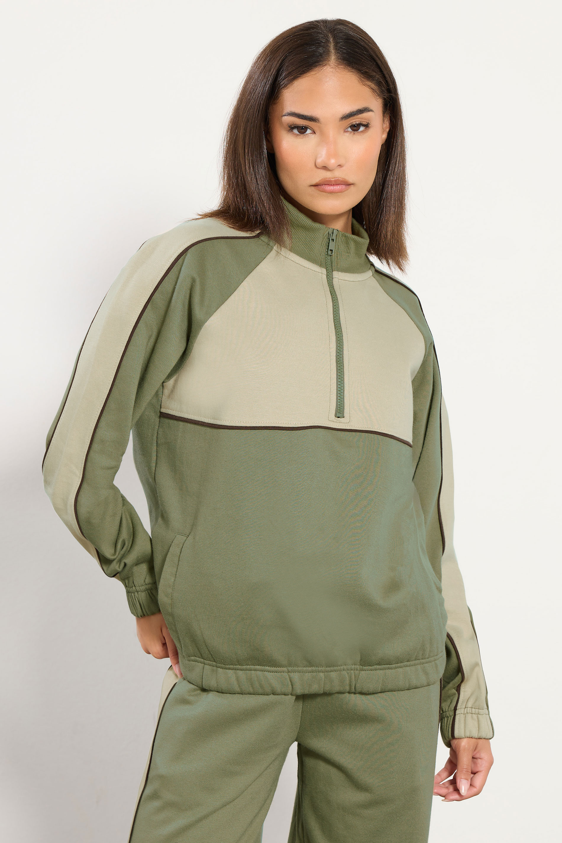 PixieGirl Petite Women's Green Colour Block Half Zip Sweatshirt | PixieGirl  1