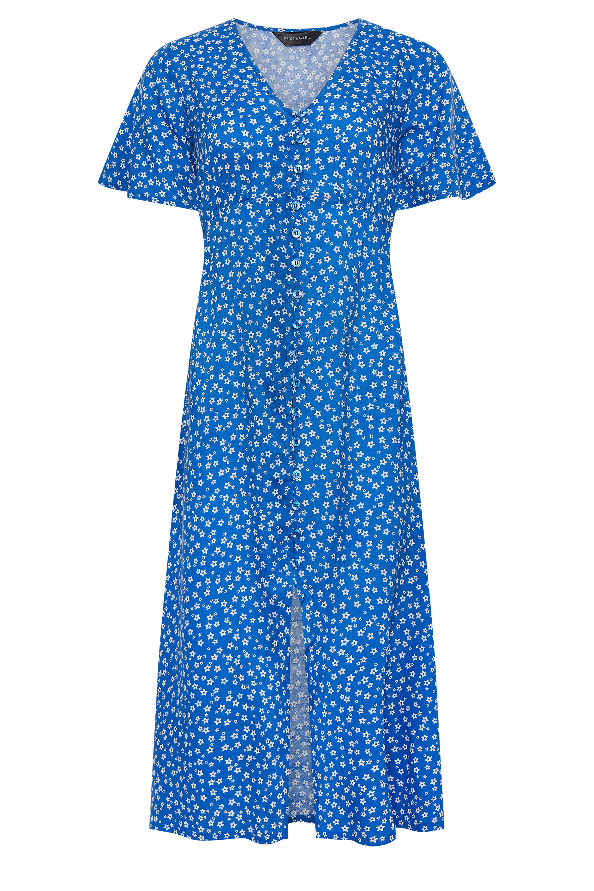 PixieGirl Petite Women's Blue Ditsy Floral Print Button Front Midi ...