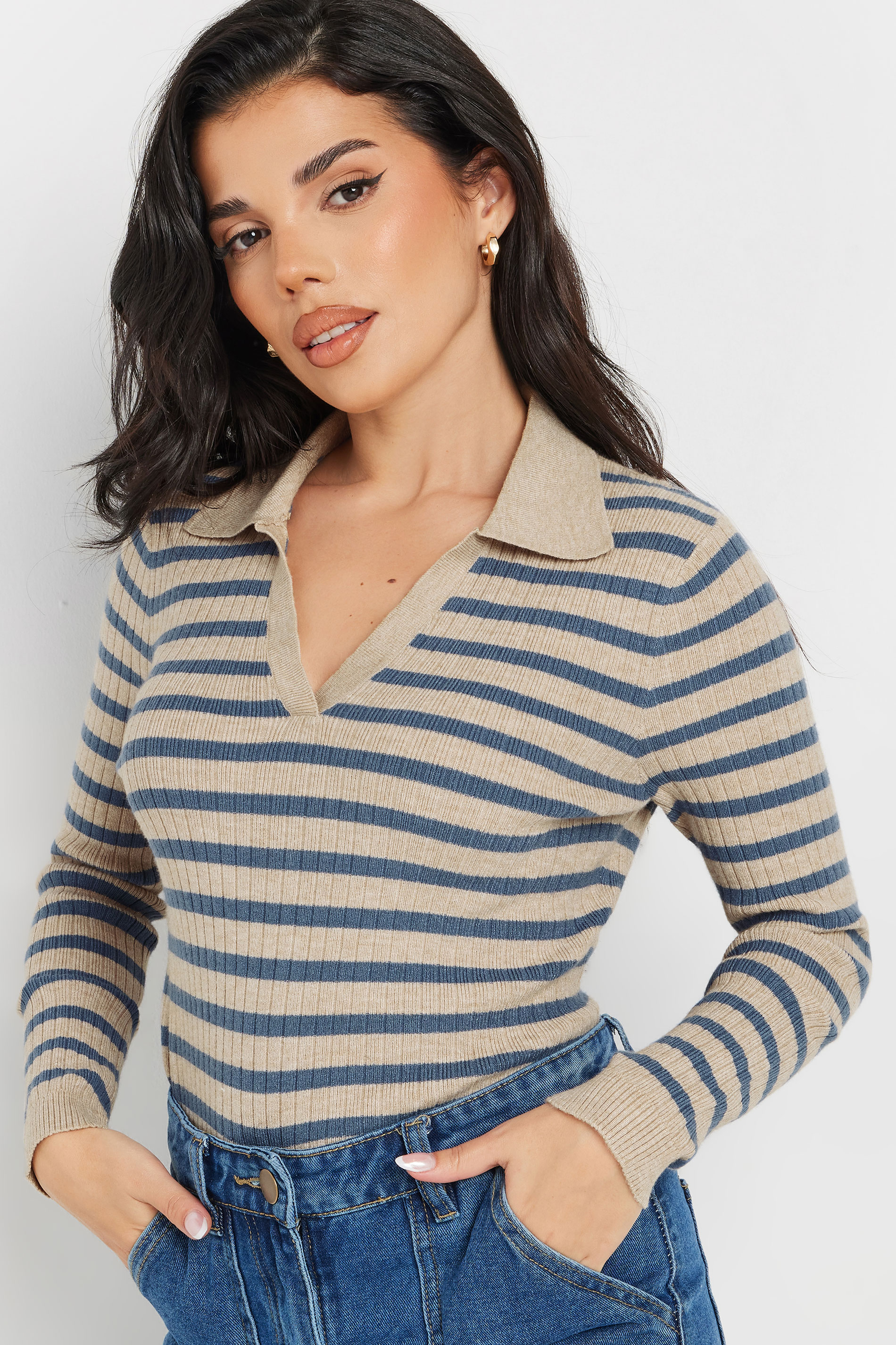 PixieGirl Petite Women's Beige Brown Knitted Stripe Collar Jumper | PixieGirl 4