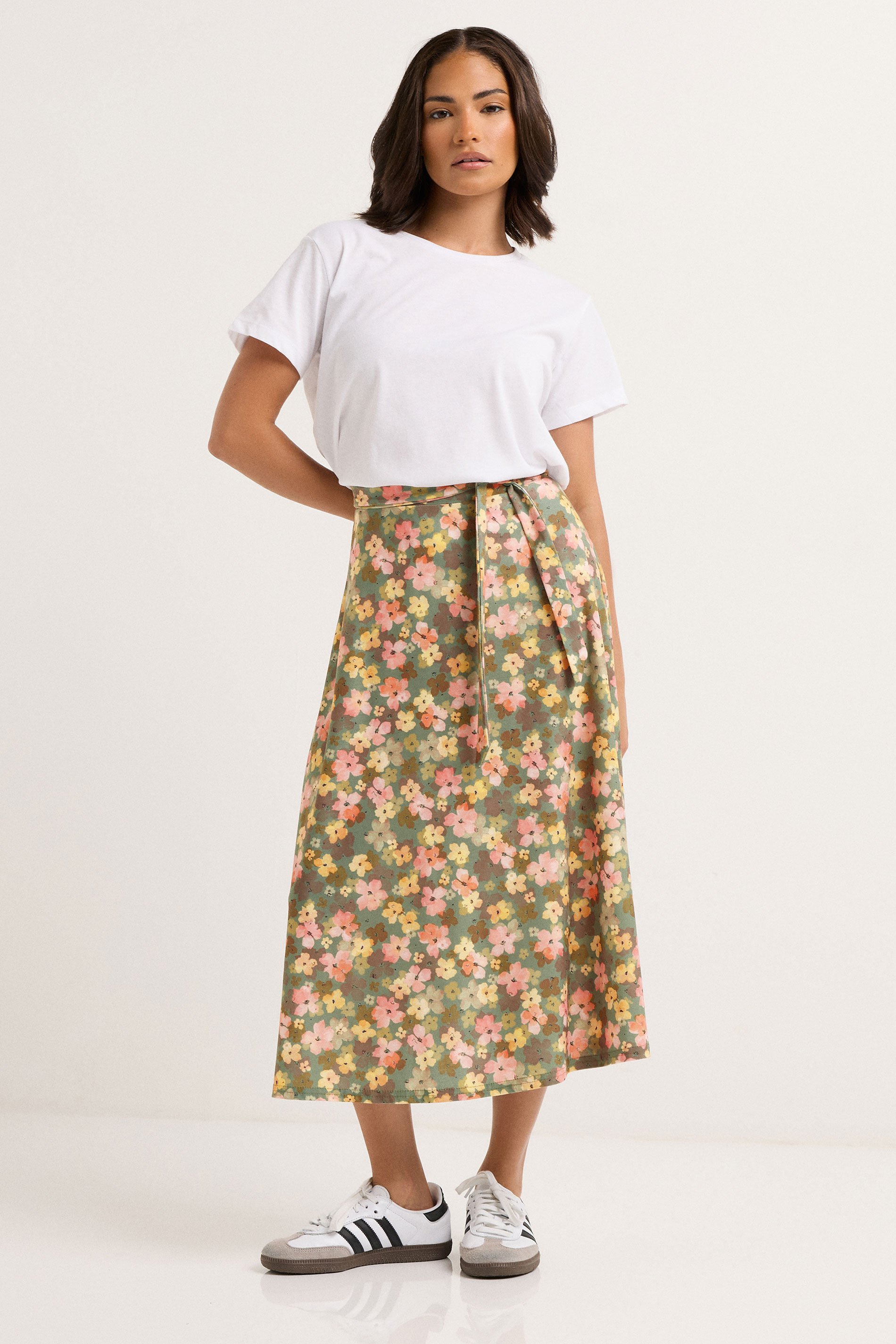 PixieGirl Petite Women's Green Floral Belt Tie Midi Skirt | PixieGirl 1