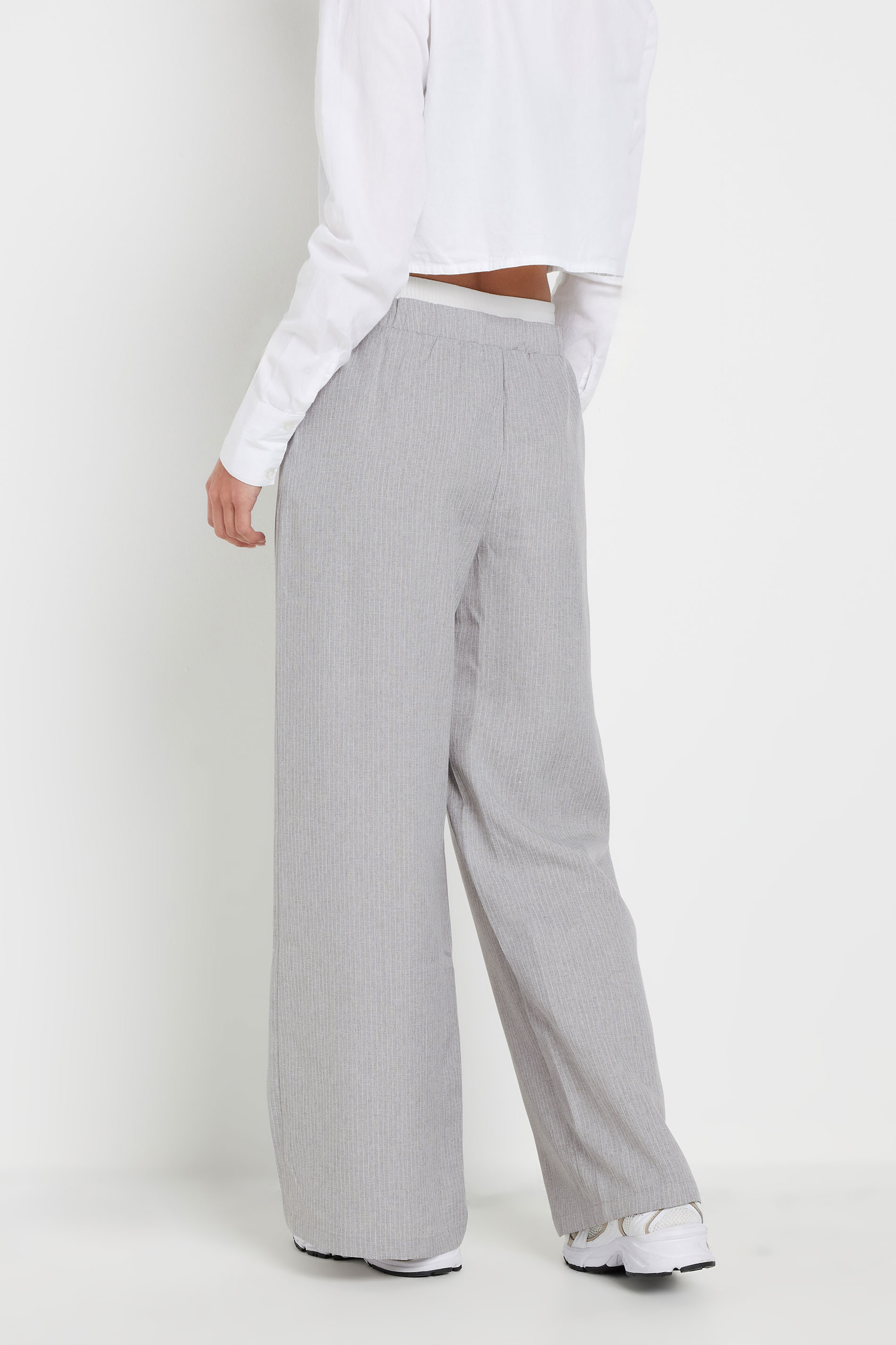 PixieGirl Petite Women's Light Grey Pinstripe Contrast Waist Trousers | PixieGirl 3