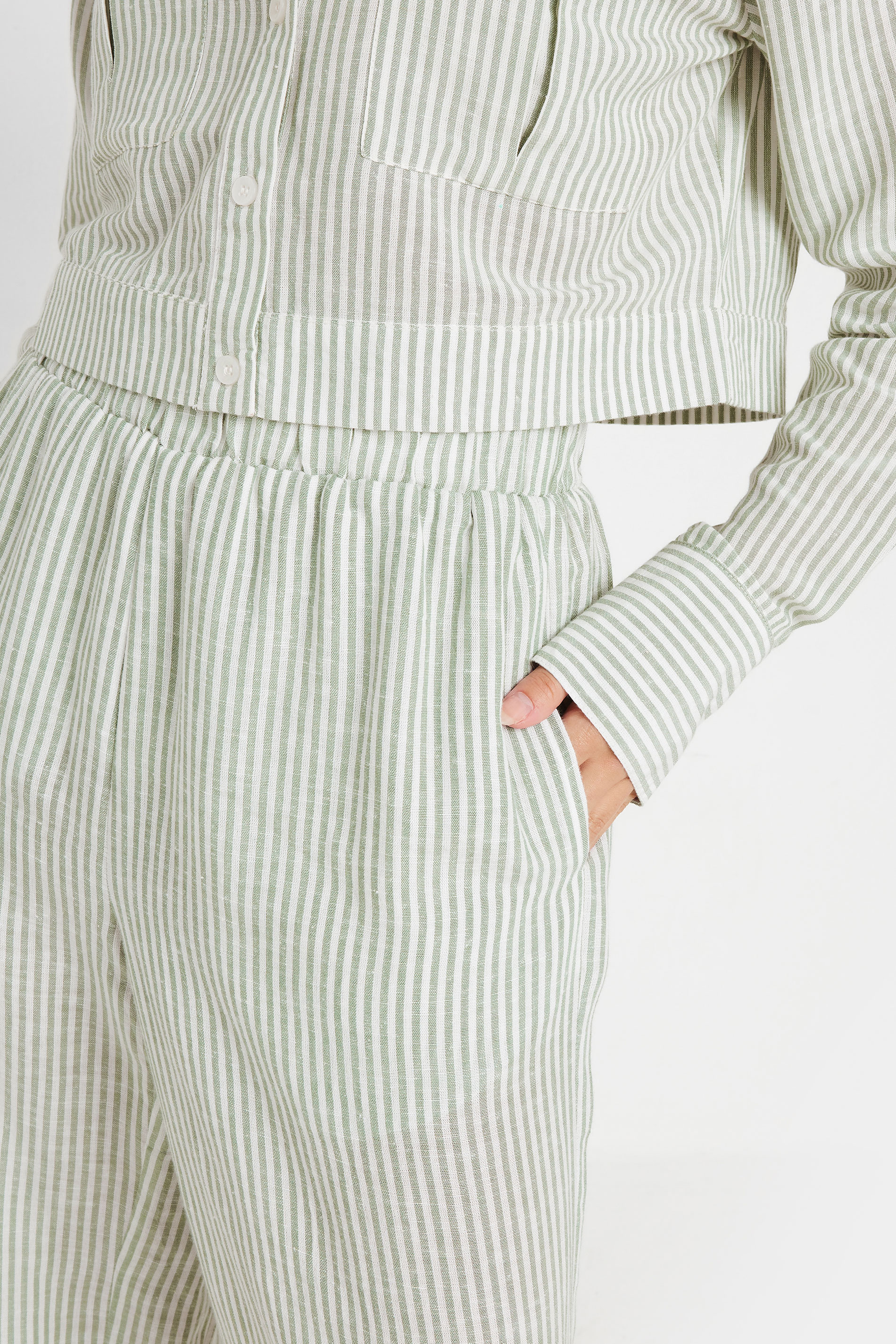 PixieGirl Petite Women's Green Linen Striped Wide Leg Trousers | PixieGirl 5