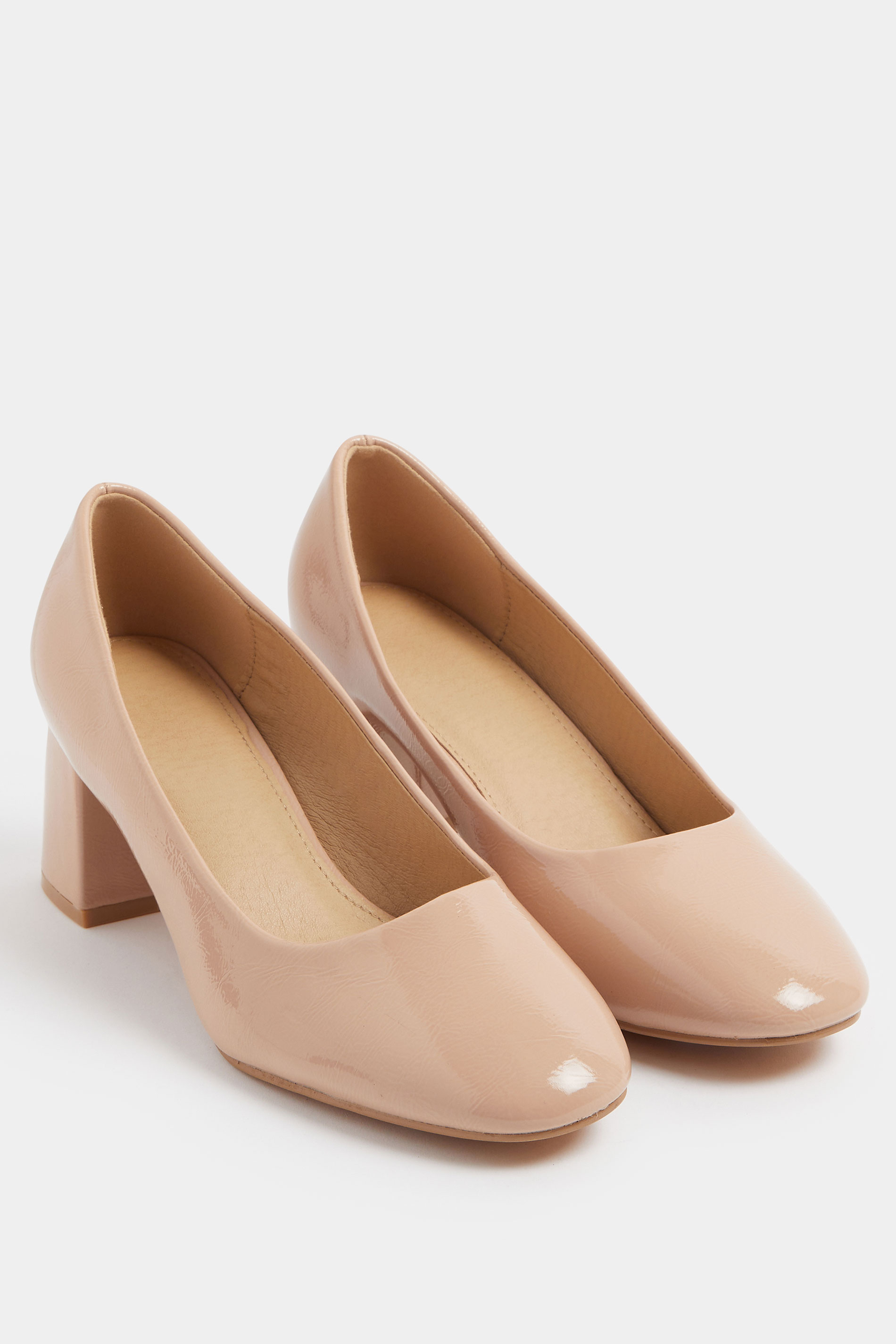 Nude Faux Leather Block Heel Court Shoes In Extra Wide EEE Fit | Yours Clothing 1