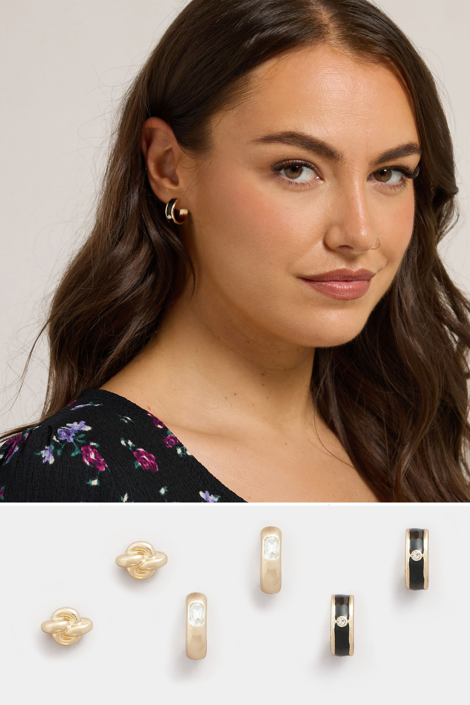 3 PACK Gold Tone Mixed Stud & Hoop Earring Set | Yours Clothing 1