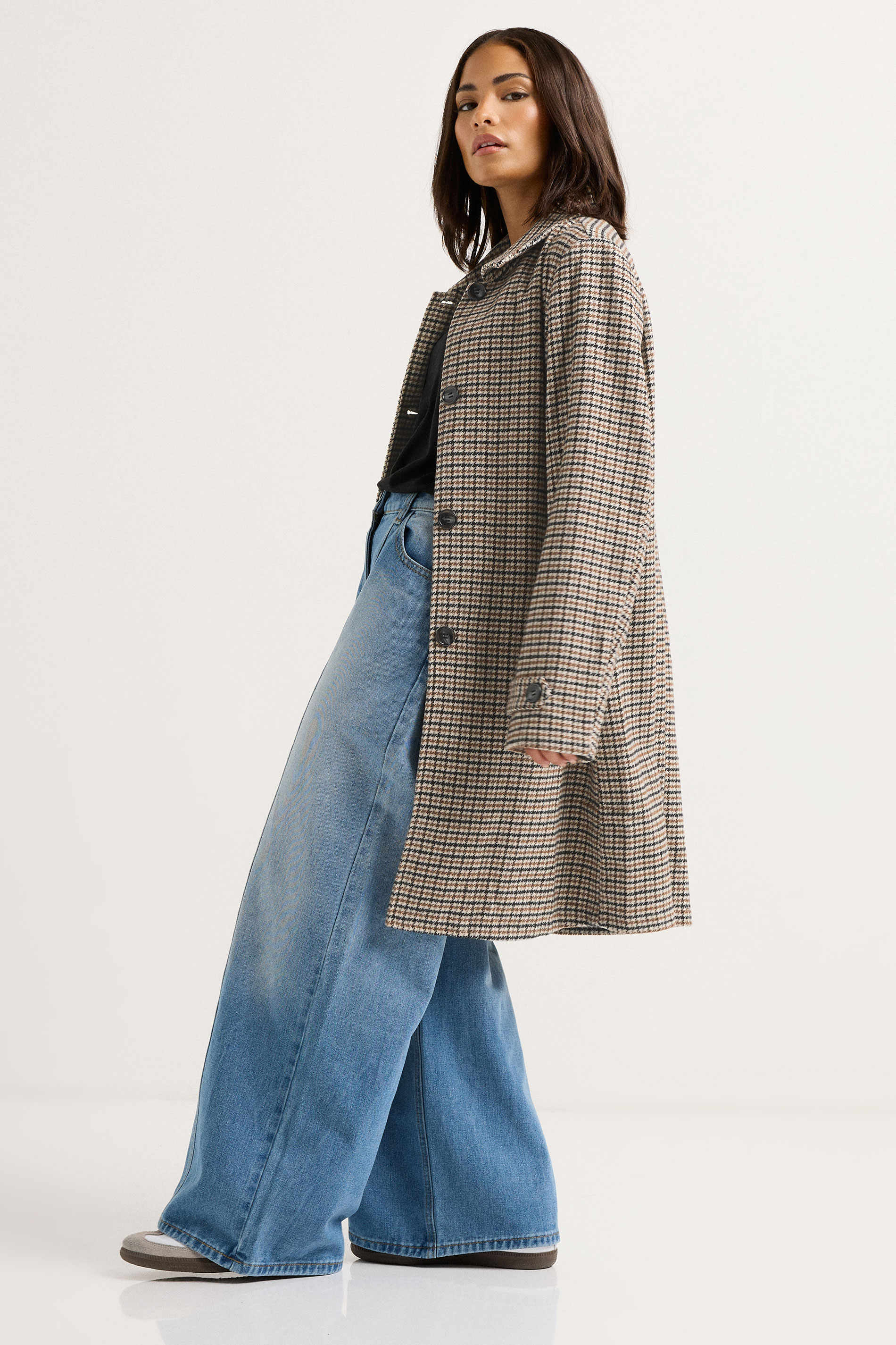 PixieGirl Petite Women's Beige Brown Check Midi Coat | PixieGirl 6