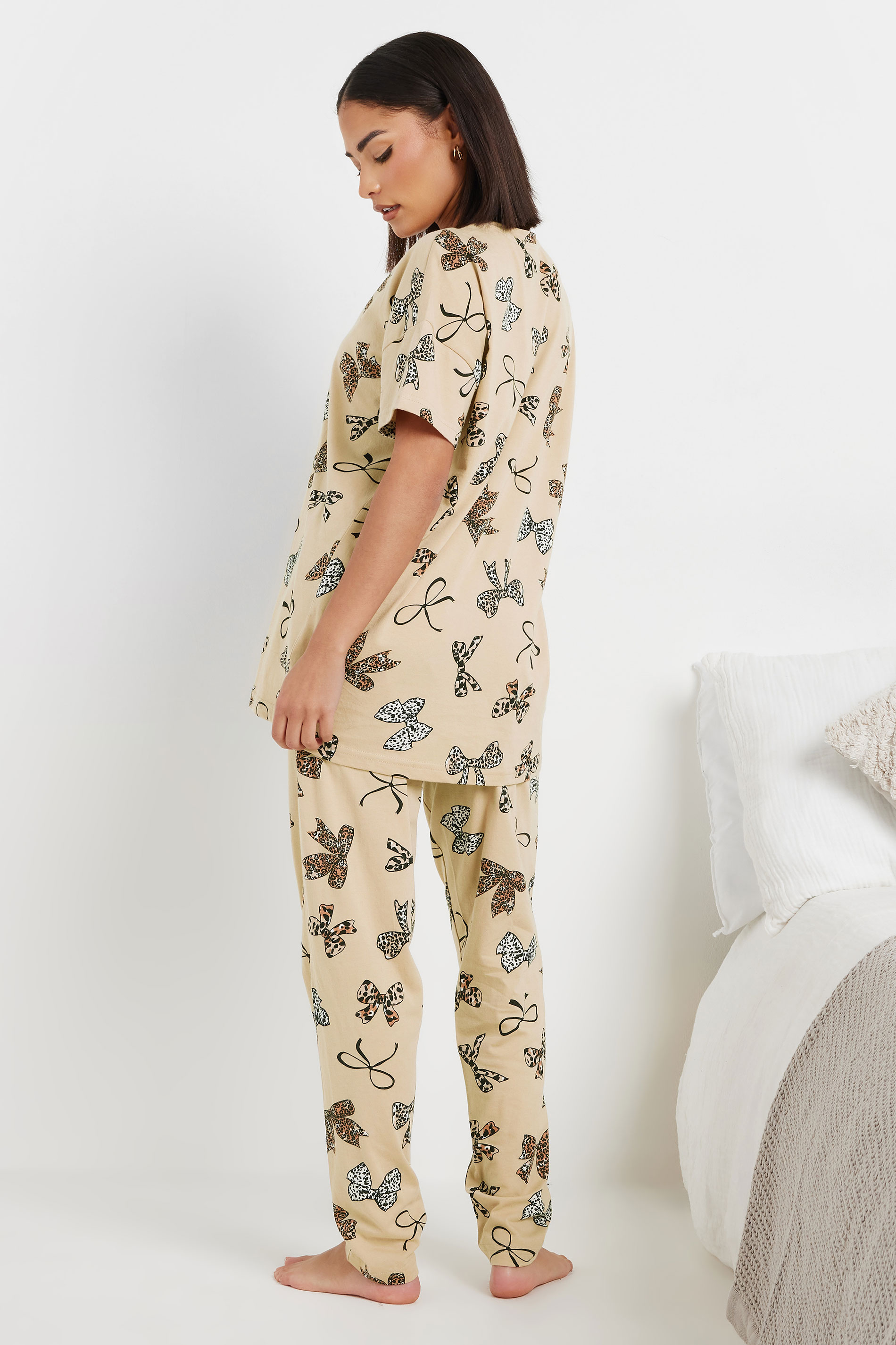 PixieGirl Petite Women's Beige Brown Animal Bow Graphic Tapered Pyjama Set | PixieGirl 3