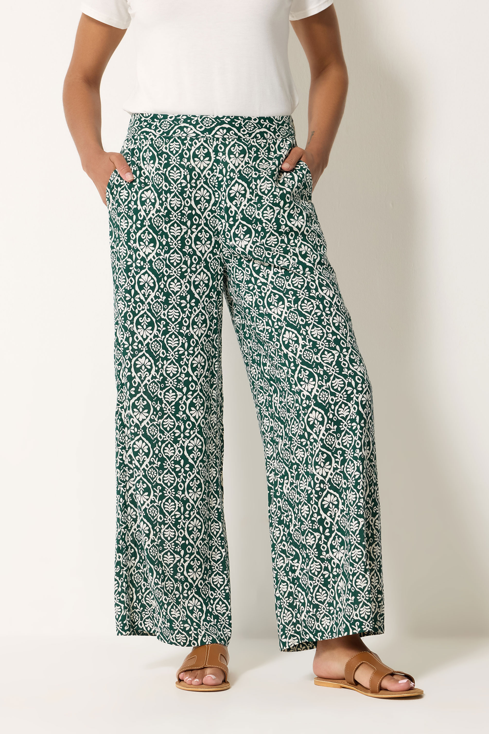 M&Co Green Abstract Print Wide Leg Trousers | M&Co 3