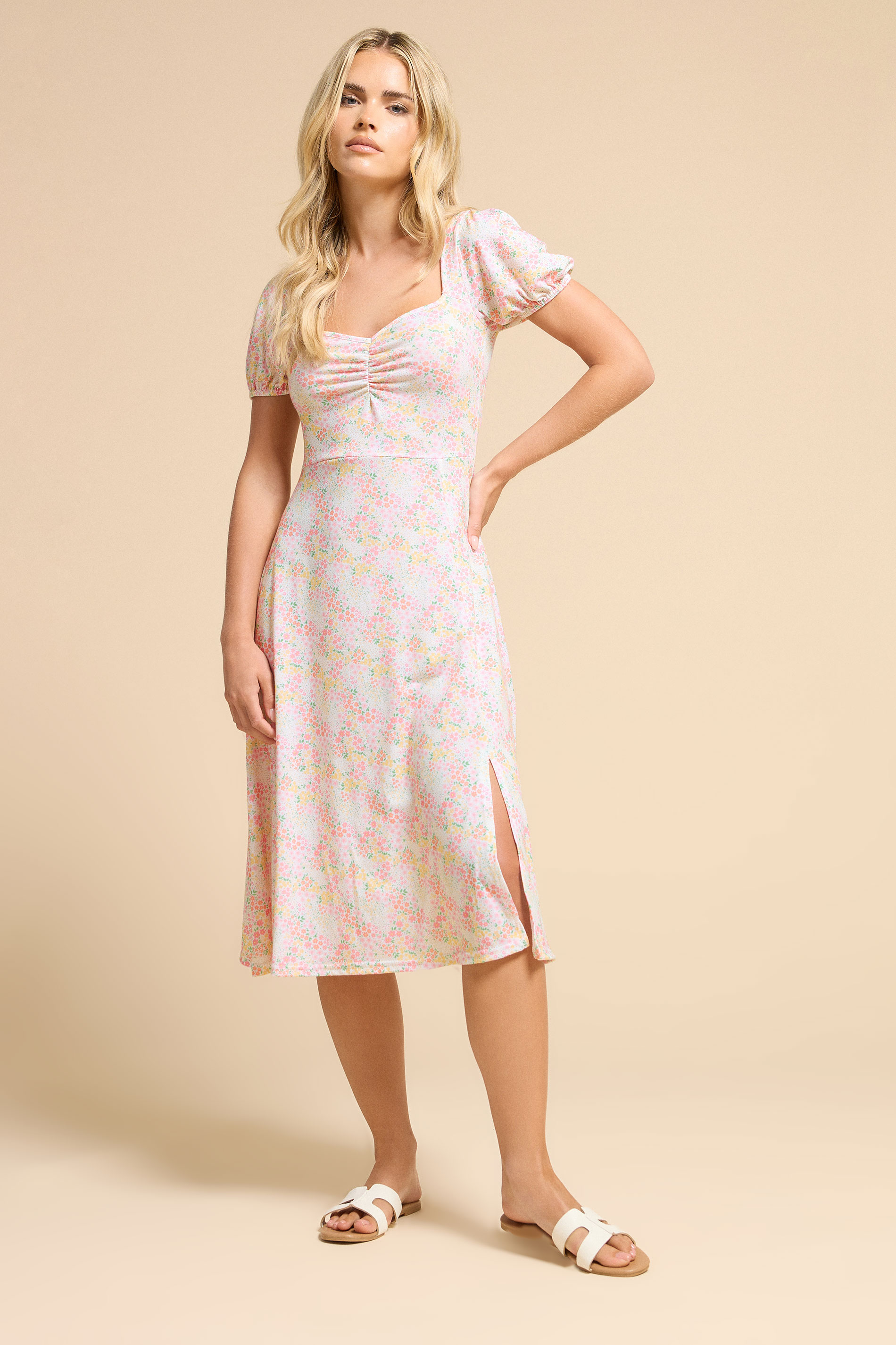 PixieGirl Petite Women's Pink Ditsy Puff Sleeve Midi Dress | PixieGirl 1