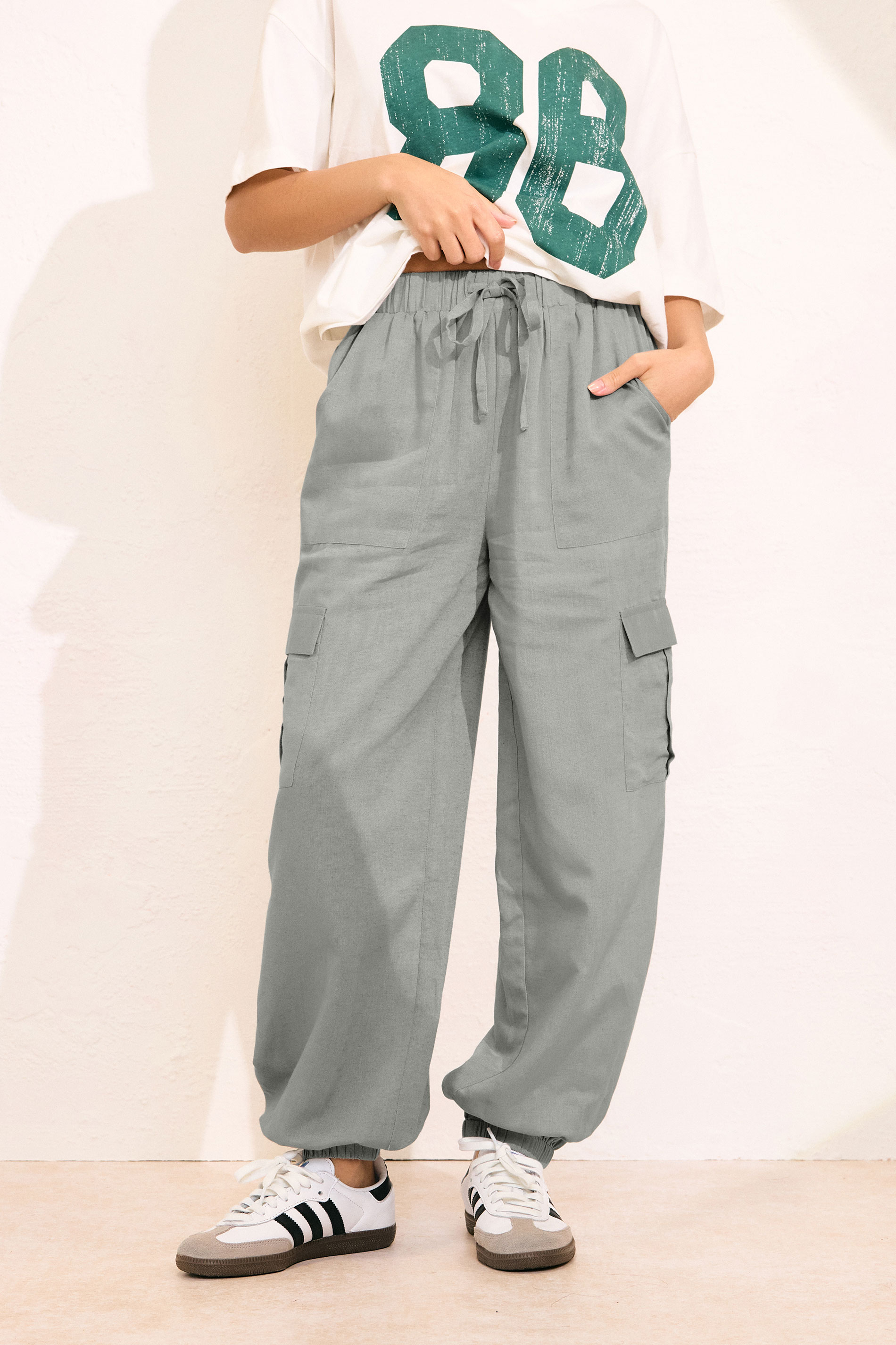 PixieGirl Petite Women's Grey Linen Cargo Cuffed Joggers | PixieGirl 3
