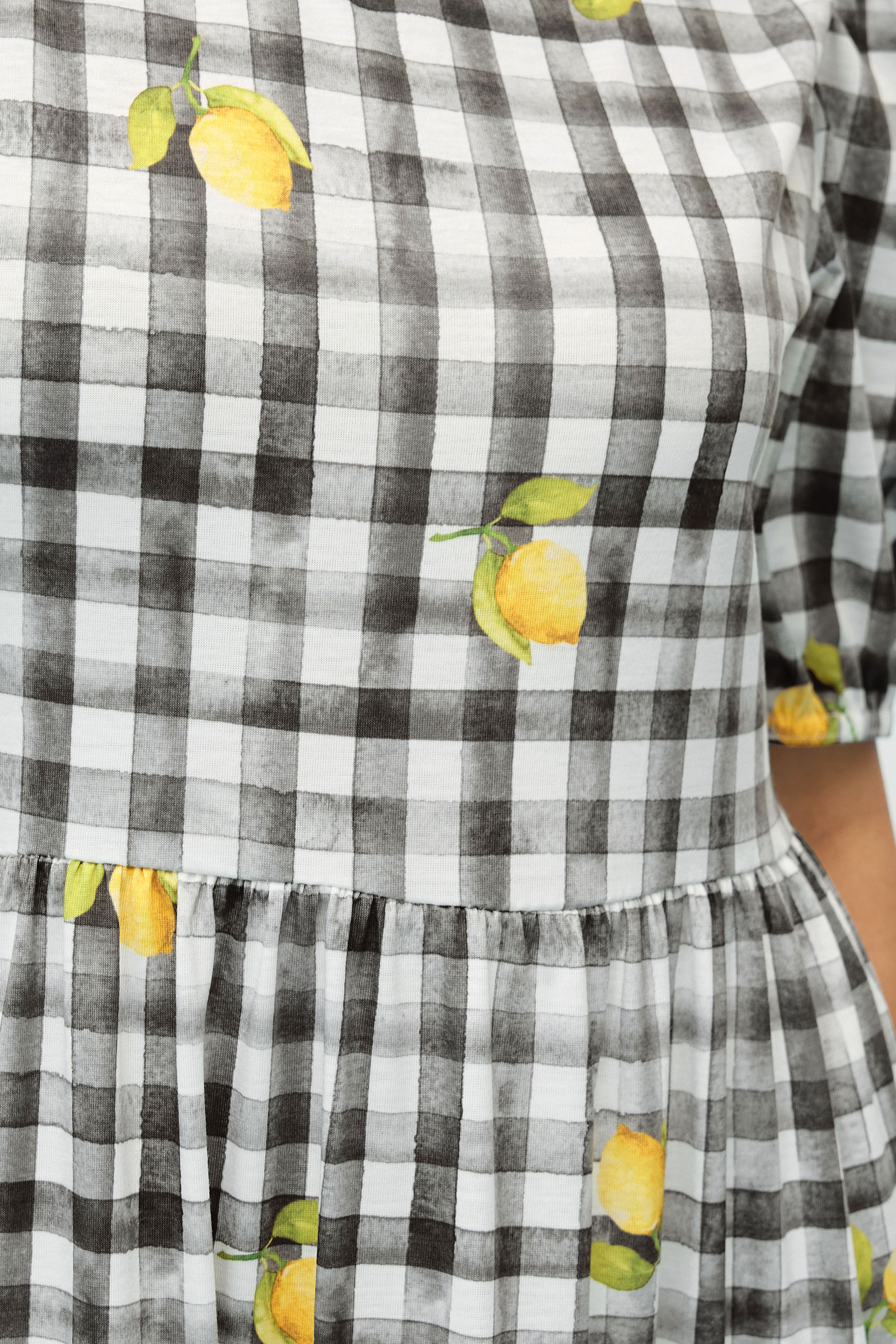 PixieGirl Petite Women's Black Lemon Gingham Graphic Tiered Smock Dress | PixieGirl 4