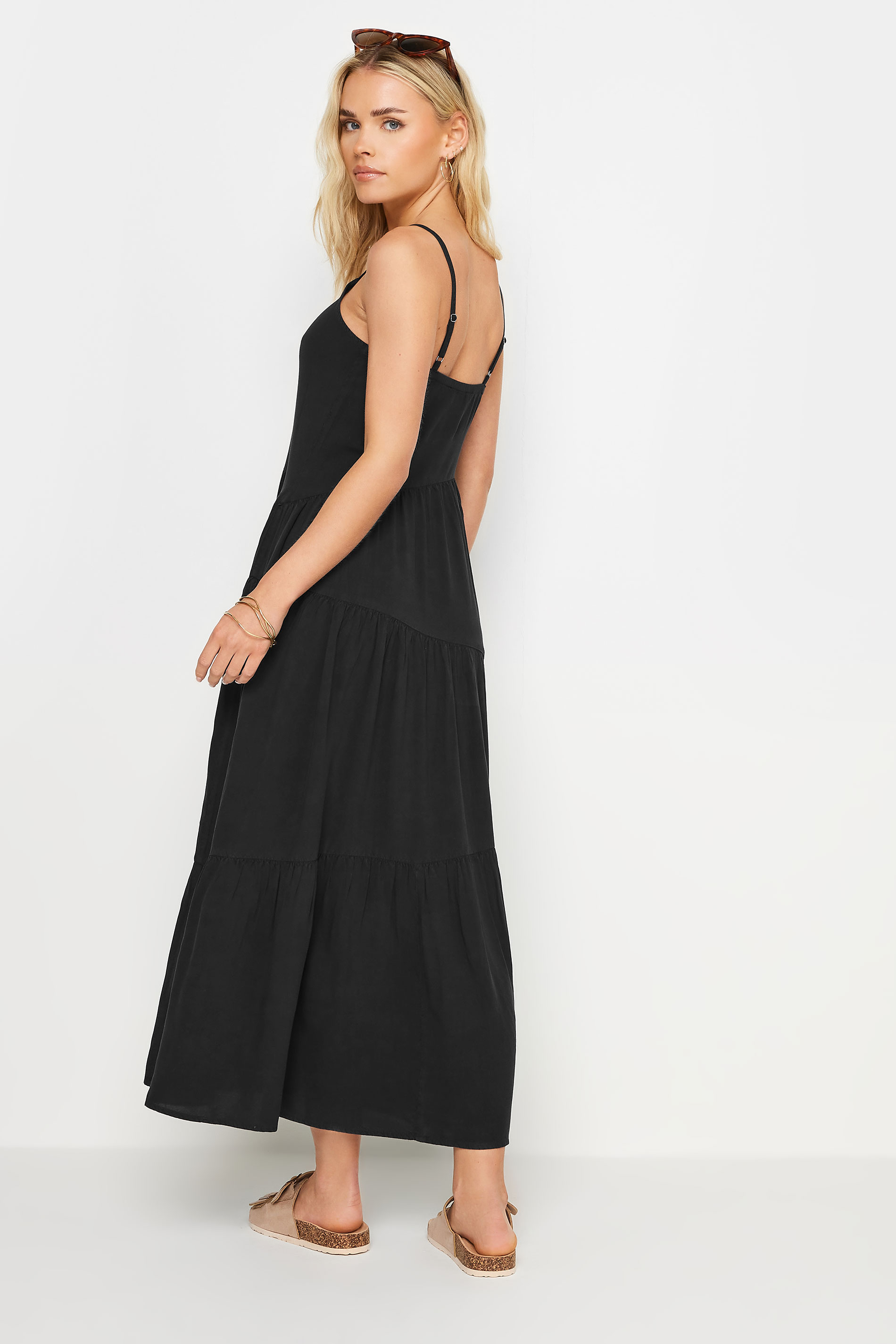 PixieGirl Petite Women's Black Asymmetric Tiered Maxi Dress | PixieGirl 4