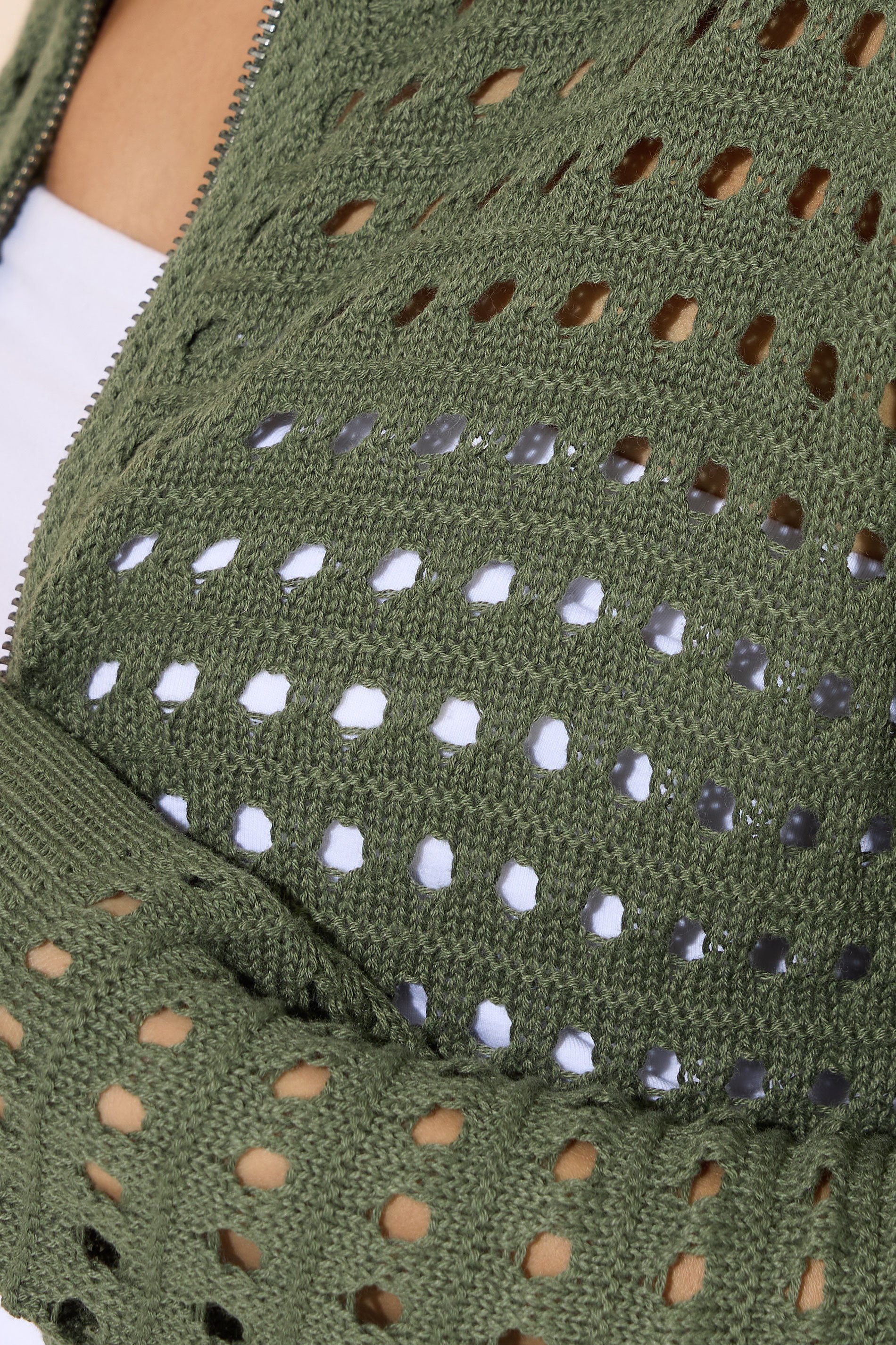 PixieGirl Petite Women's Khaki Green Crochet Knit Bomber Jacket | PixieGirl 4