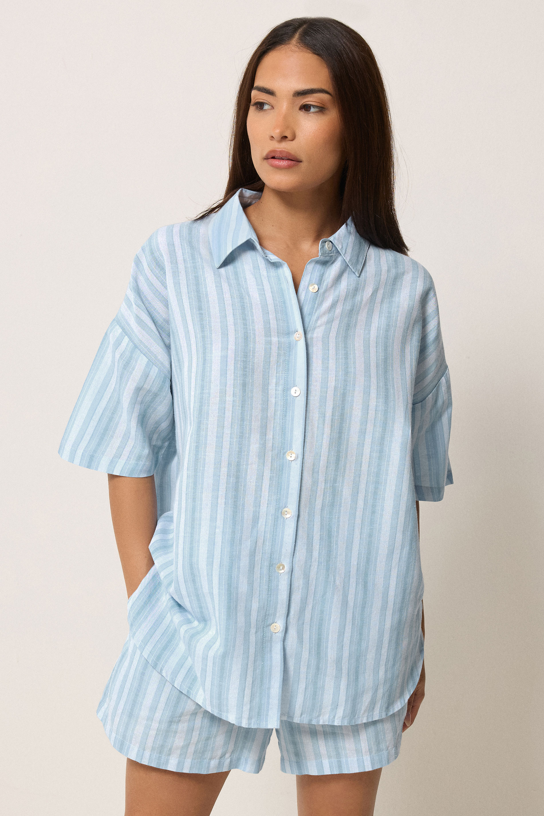 Pixiegirl Women's Blue Petite Stripe Cotton Short Sleeve Shirt Size 8
