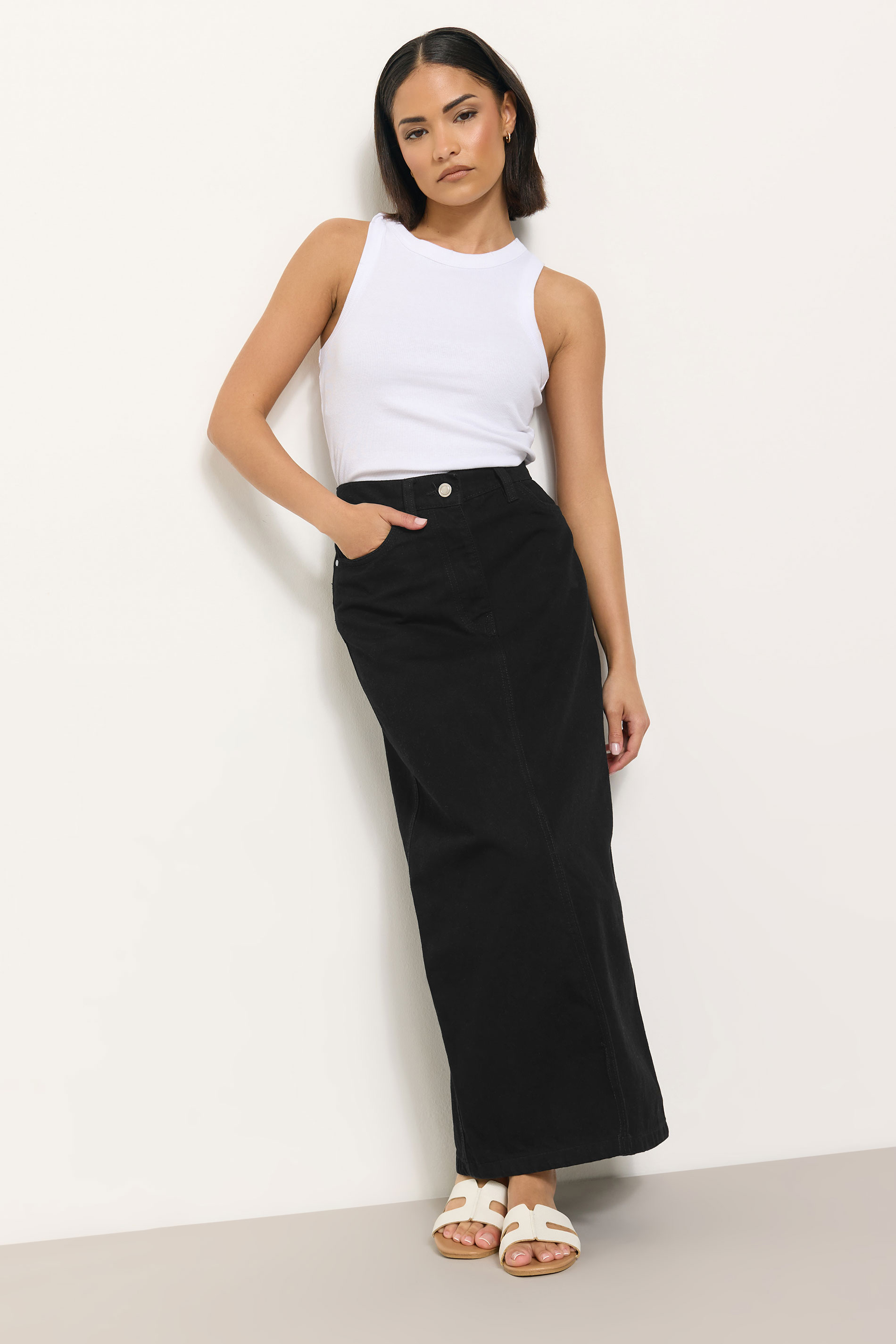 PixieGirl Petite Womens Black Denim Split Maxi Skirt | PixieGirl  1