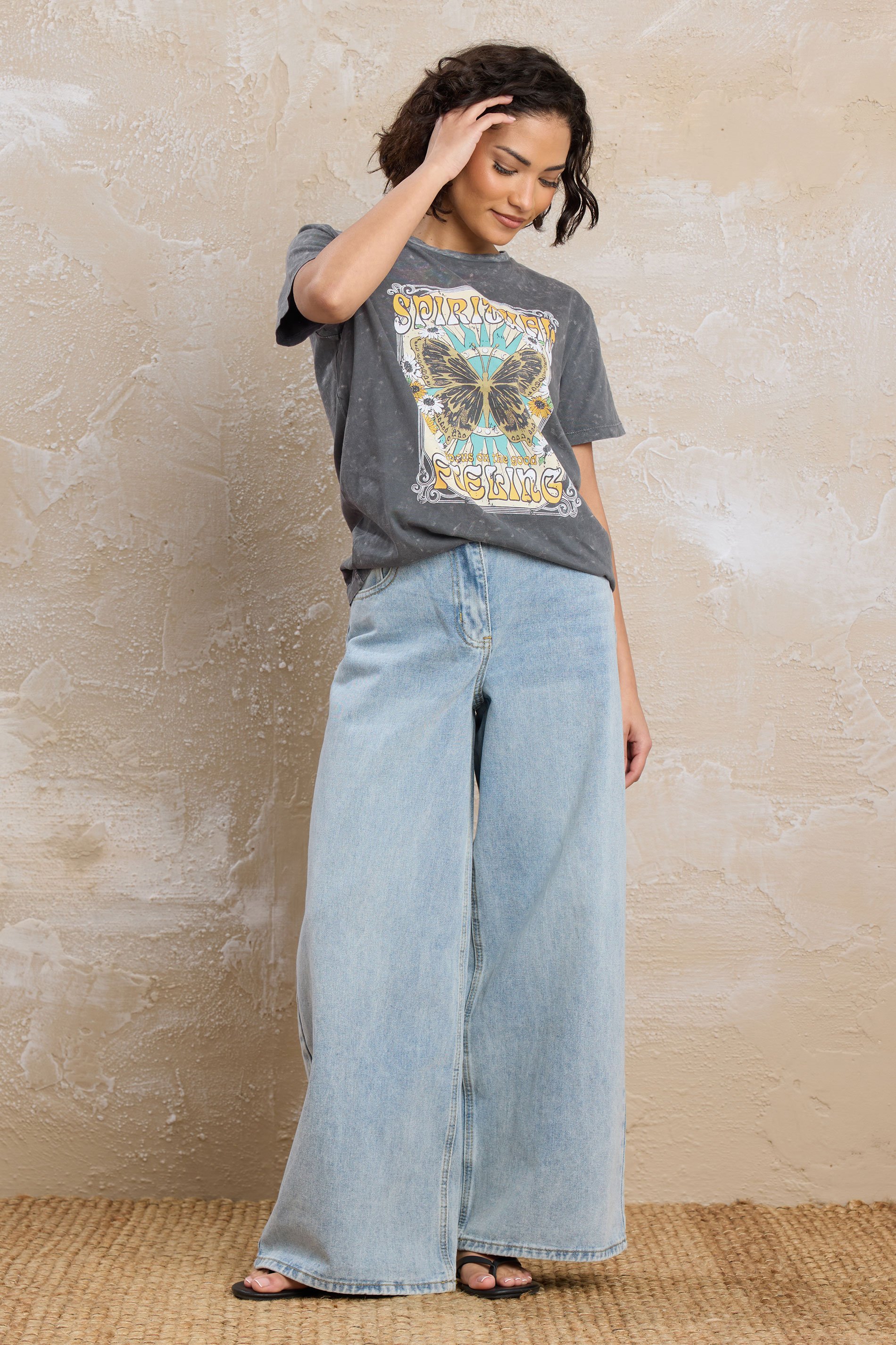 PixieGirl Petite Women's Grey Acid Wash 'Spiritual Feeling' Slogan T-Shirt | PixieGirl 2